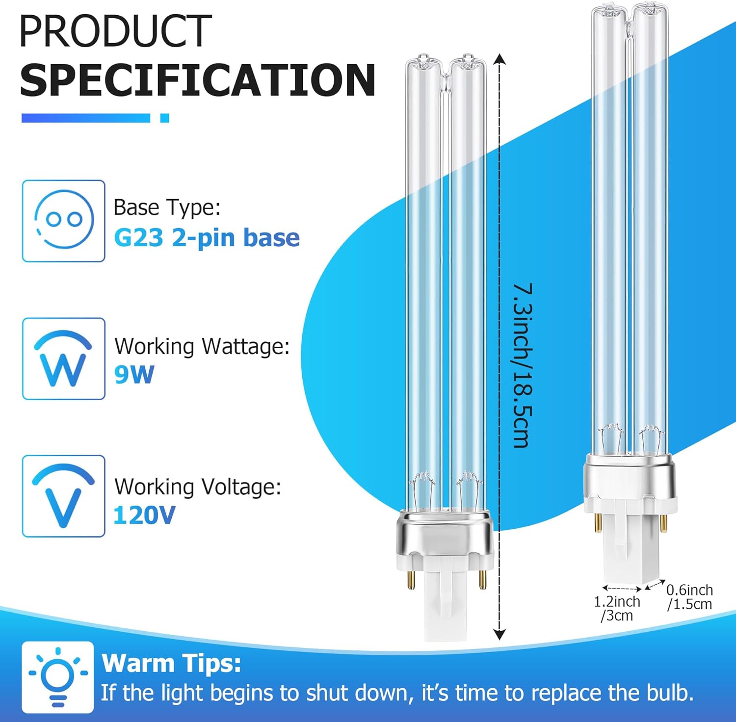 Qualirey 2 Pcs 9W UV Light Bulb Compatible with D200 Air Purifier, Air Purifier Whole House UV Light for R18, R18D R2000 Induct, UVC G23 2 Pin Base HVAC Bulb Replacement