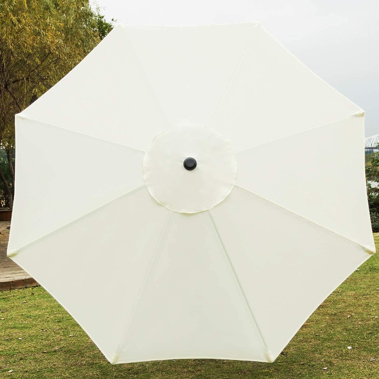 Sunnyglade 9' Patio Umbrella Outdoor Table Umbrella with 8 Sturdy Ribs (Beige) | 18" 26.5-lbs Heavy Duty Round Antiqued Umbrella Base, Bronze