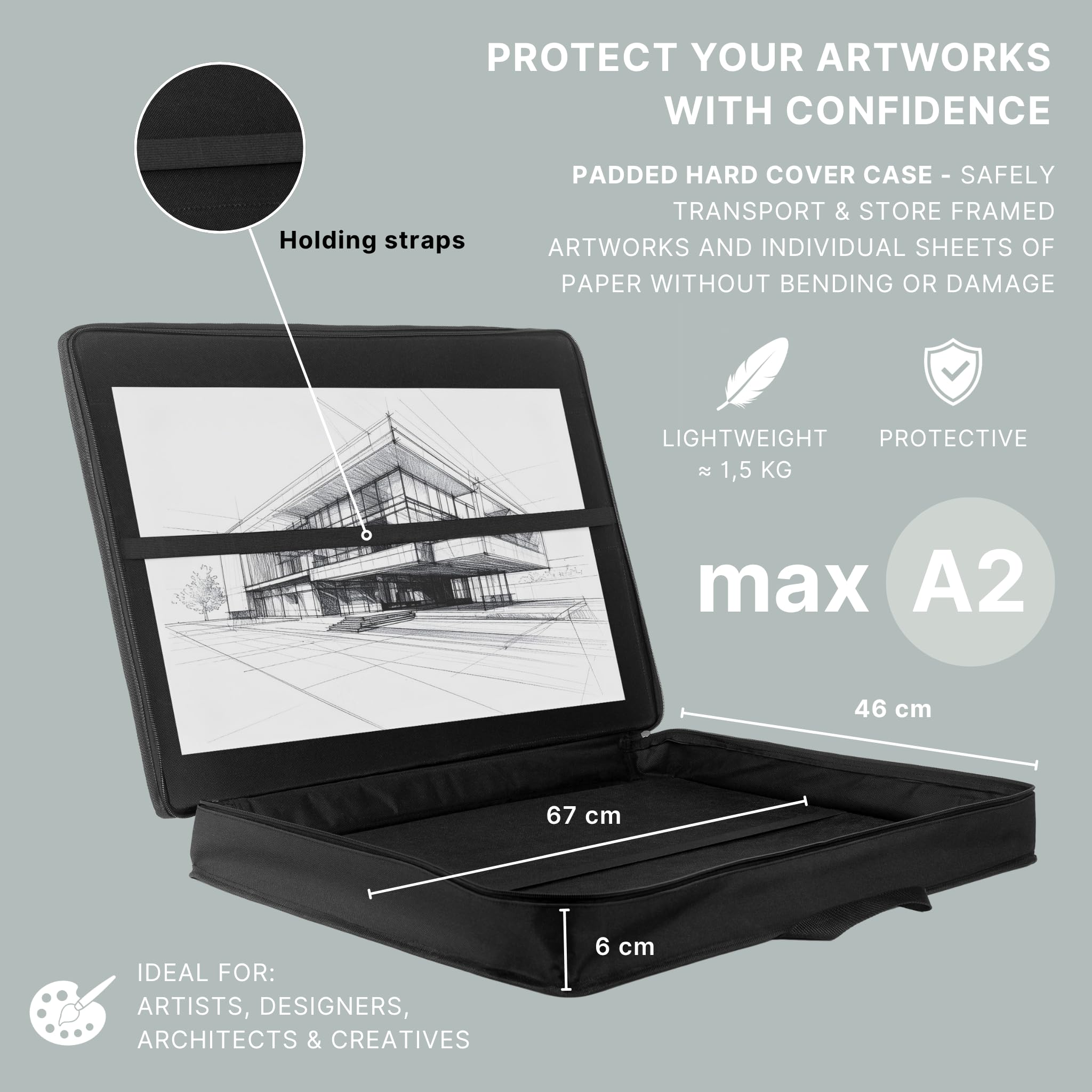 Le'arte artcase max DIN A2 – Artist Portfolio case, Hardcover Drawing Folder A2, Document Transport Bag, 70 x 49 x 8 cm, Storage Art case, Waterproof Poliestere, Large Format, Hard-Cover, Black, Nero