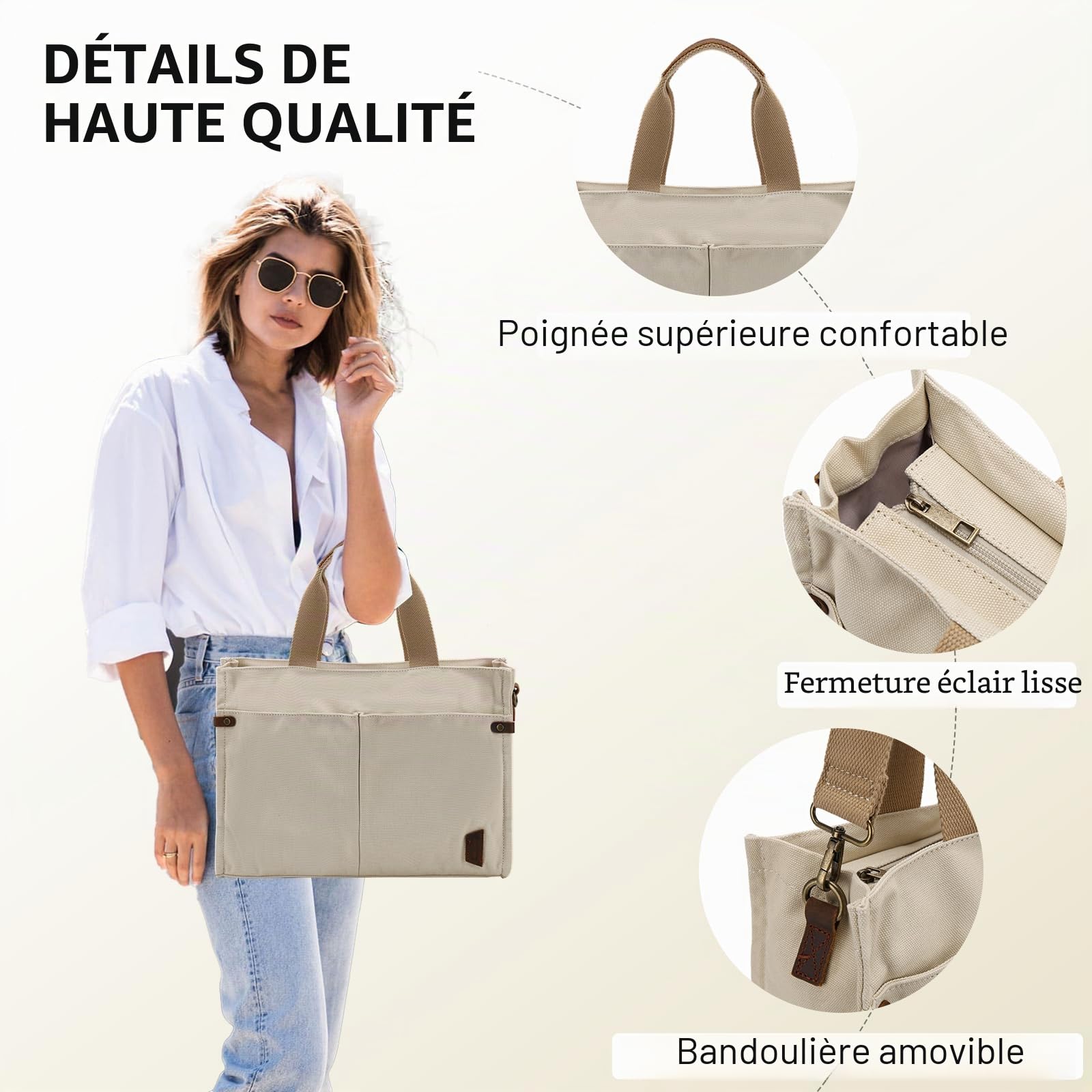 VASCHY Sac Cabas Femme en Toile, à Fermeture Zippée, Multi-poches, Bandoulière Amovible et Réglable