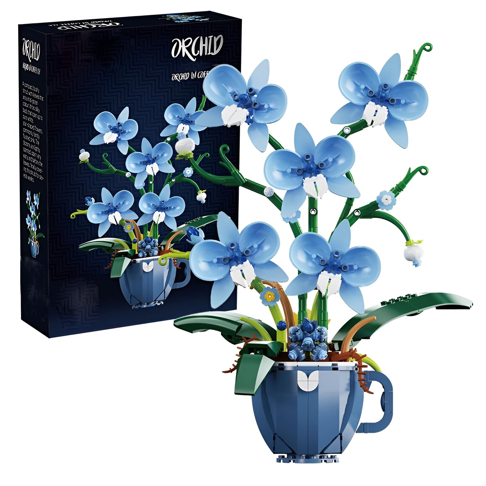 Blaue Orchidee Blume Bausteine Bausatz, Kaffeetasse künstliche Pflanze Spielzeug Baukasten, botanische Sammlung Modell für Home Décor, großes Geschenk für Geburtstag und Jahrestag für sie und ihn 3004