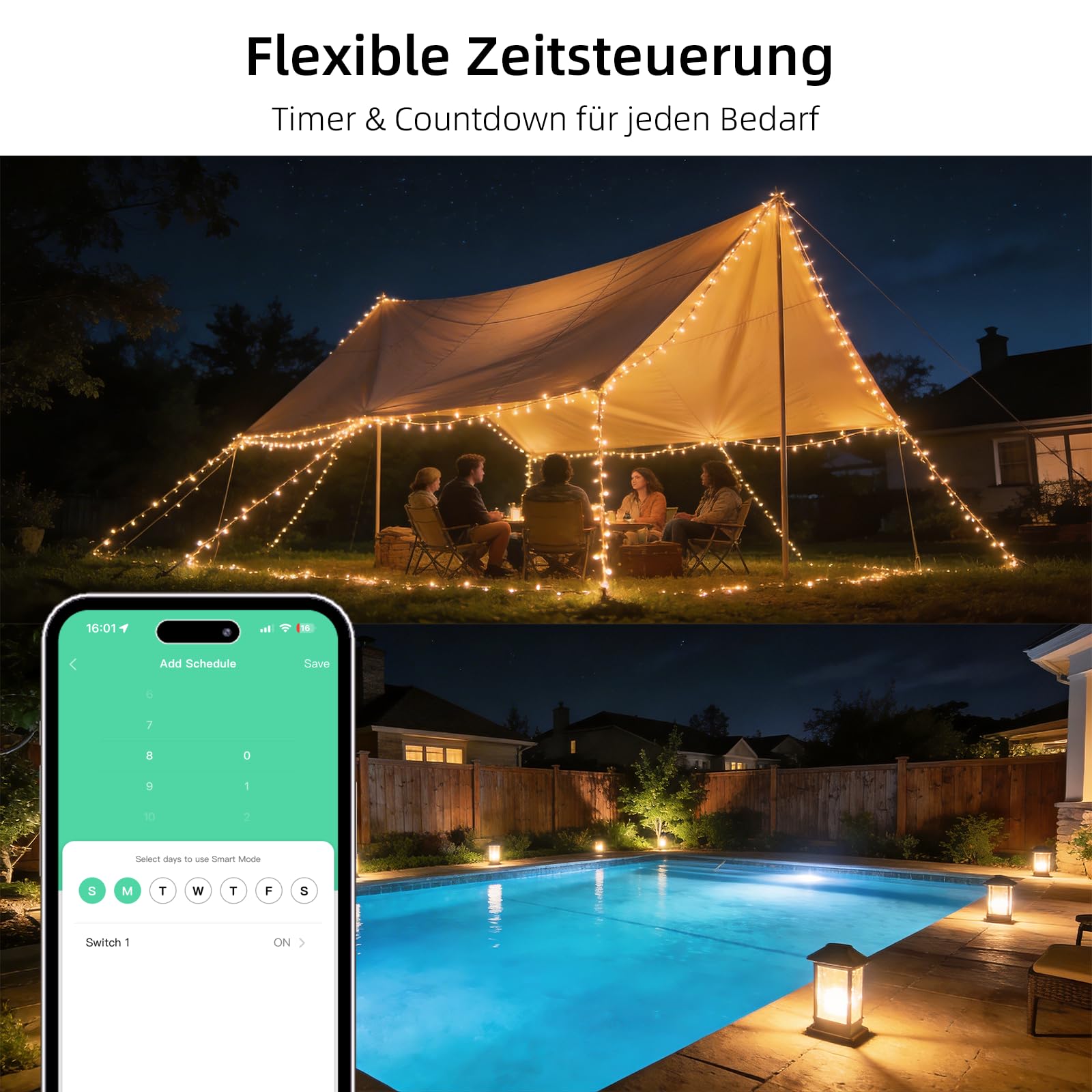 Presa Wi-Fi per esterni, presa intelligente con misurazione della corrente, funzione timer, presa esterna impermeabile IP44, supporta telecomando, compatibile con Alexa e Google Home (nero, confezione