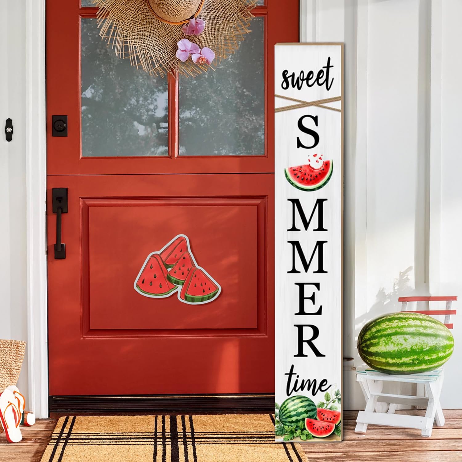 Summer Watermelon Porch Sign Sweet Summer Time Welcome Sign For Front Porch, Cute Fruit Home Decor Welcome Sign for Indoor Outdoor Garden Wooden Vertical Sign For Patio Front Door Wall Yard