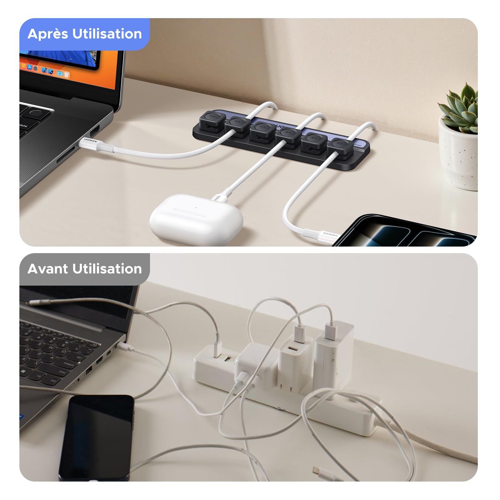 UGREEEN 6 Pièces Organisateur de Câble Magnétique Clips Autocollants Noir