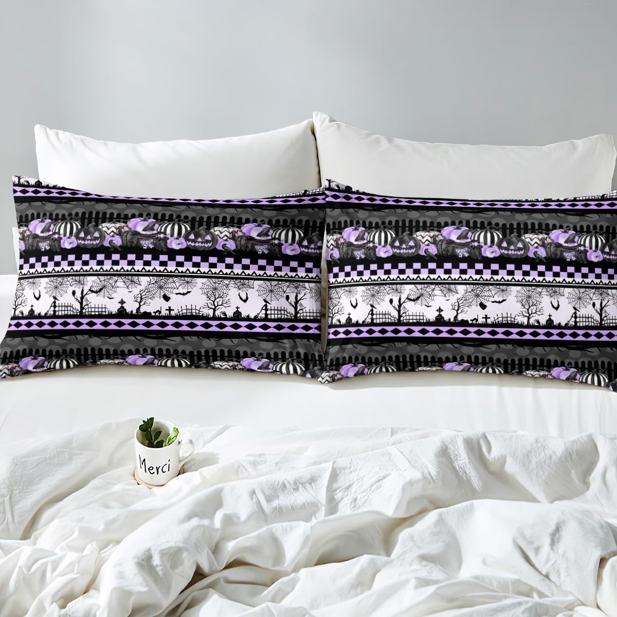 Castle Fairy Halloween Bedding Set Queen Size,Kids Cartoon Spider Web Bat Pumpkin Lantern Bed Sheets,Purple Black White Grid Patchwork Striped Fitted Sheet Gothic Girls Boys Decor Top Flat Sheet 4Pcs