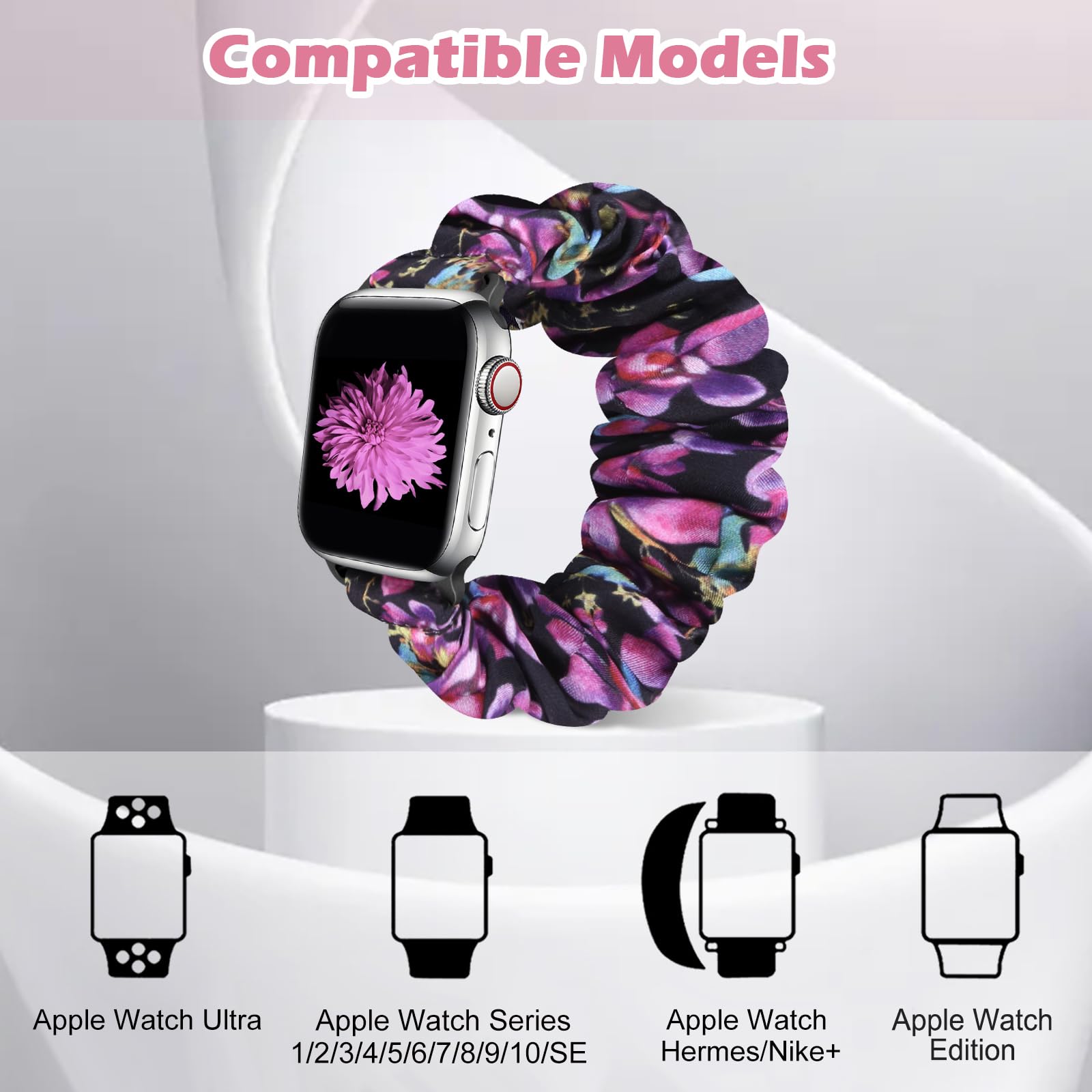 Pasek do zegarka Apple Watch Scrunchie 49 mm, 45 mm, 44 mm, 42 mm, elastyczny, miękki wzór, z nadrukiem, zastępcza opaska na nadgarstek, bransoletka dla kobiet i dziewcząt, do iWatch