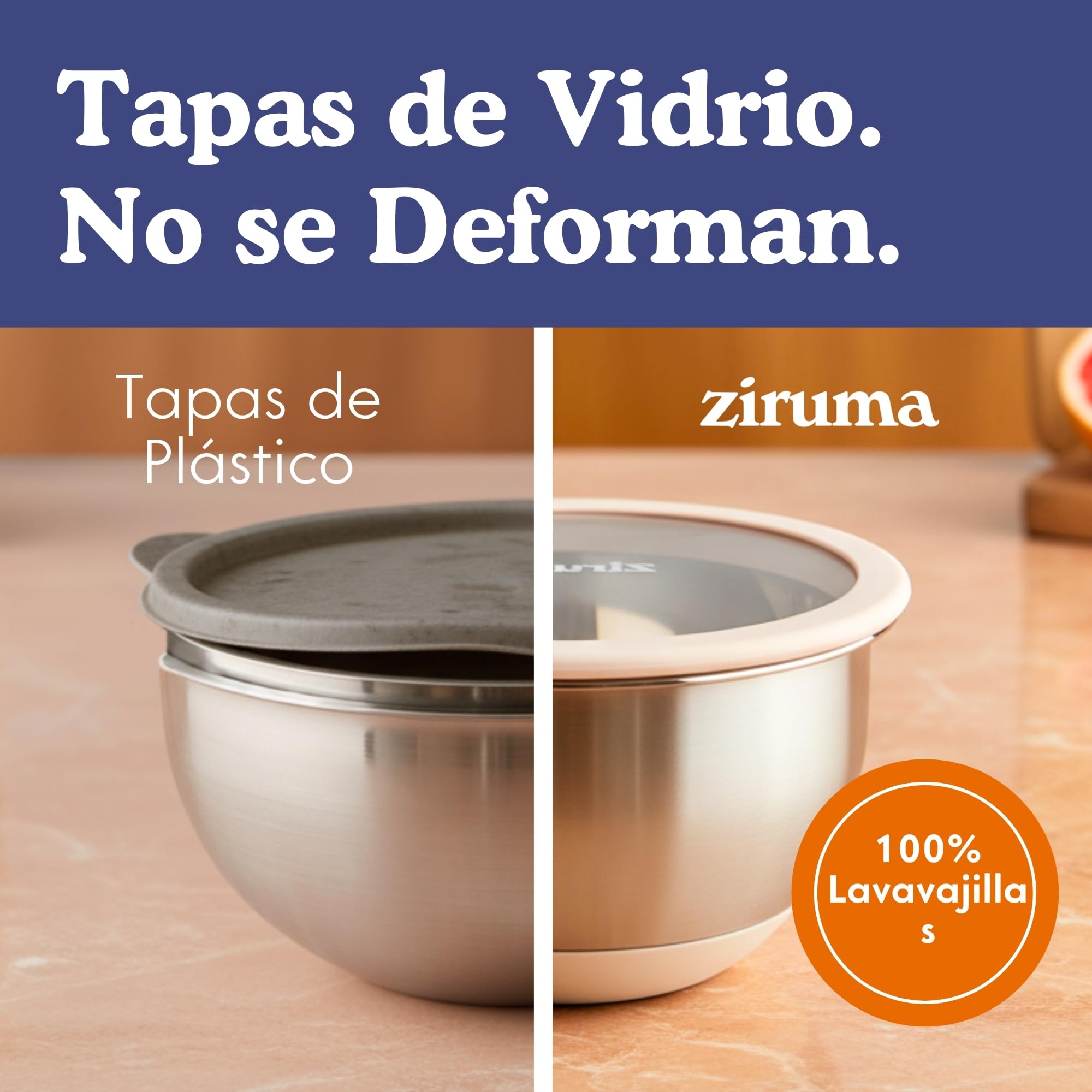 Ziruma Juego de cuencos para mezclar no tóxicos con tapas, acero inoxidable y vidrio, 5 cuencos sin plástico con base antideslizante de silicona, juego de cuencos para mezclar aptos para lavavajillas