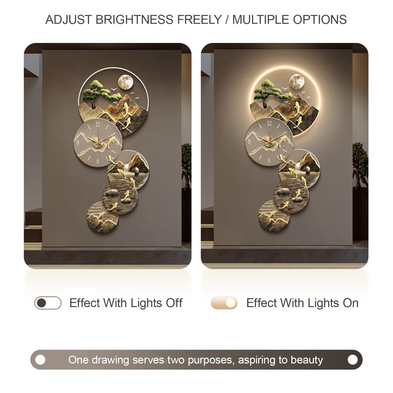 Zegar ścienny 3D z oświetleniem LED, zasilacz wtykowy, dekoracja ścienna z oświetleniem LED, wisząca dekoracja domu, do salonu, sypialni, biura, korytarza, wejścia (brązowy 2,80 x 36 cm)