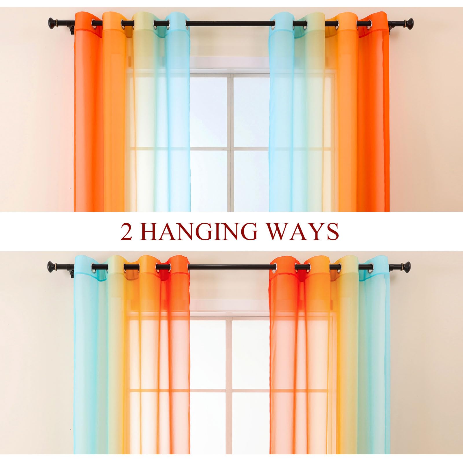 L.Z.E Blue and Orange Sheer Voile Curtains for Living Room Eyelet Ombre Sheer Curtains & Drapes for Kids Boys Girls Room Bedroom Window Transparent 175 cm Short Colour Gradient (55 Wide x 70 Drop) - Image 2