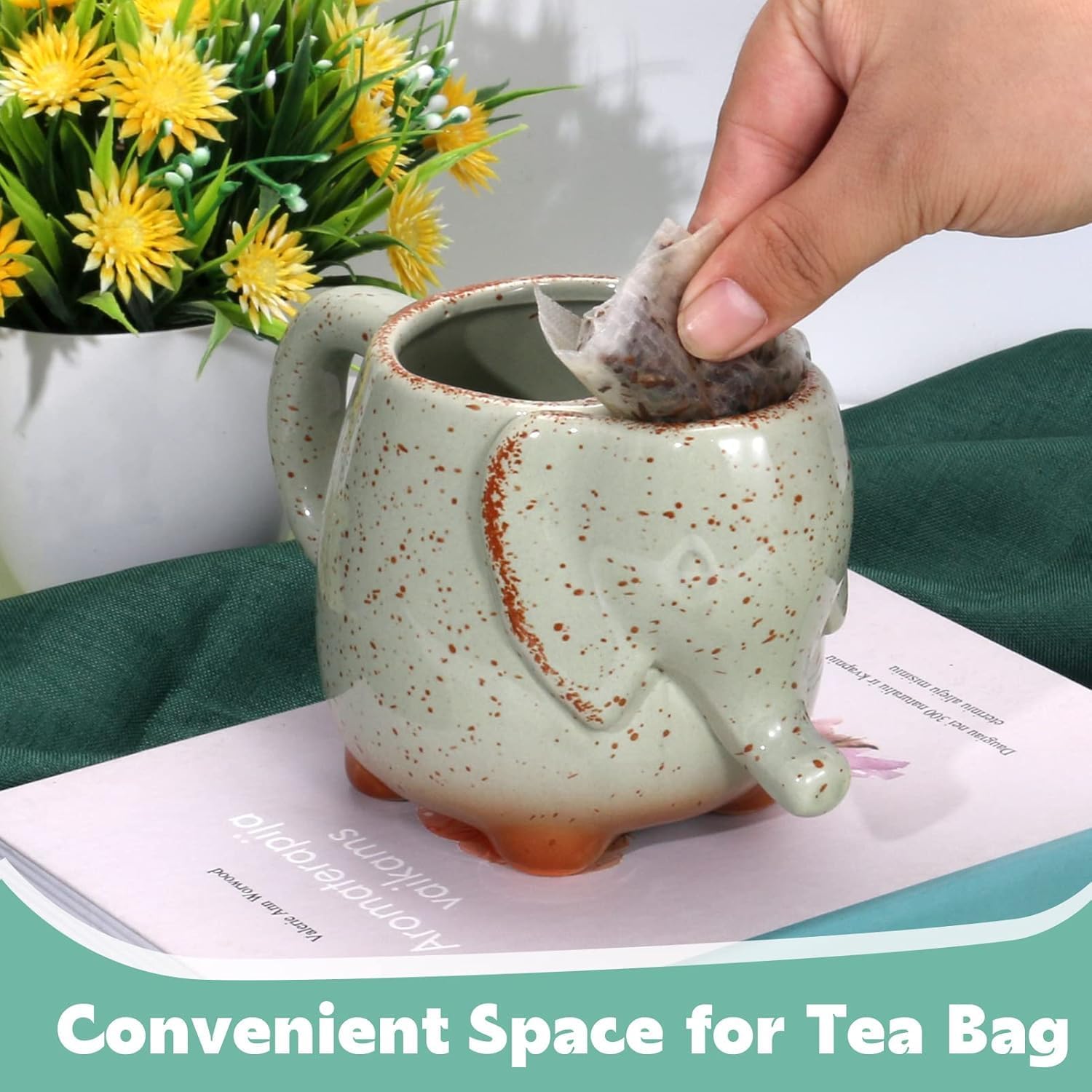Ceramic Tea Mug Elephant Cup Ceramic 15oz Tea Mug with Tea Bag Holder Unique Cup Great for a Tea Lover elephant gifts for women (White)