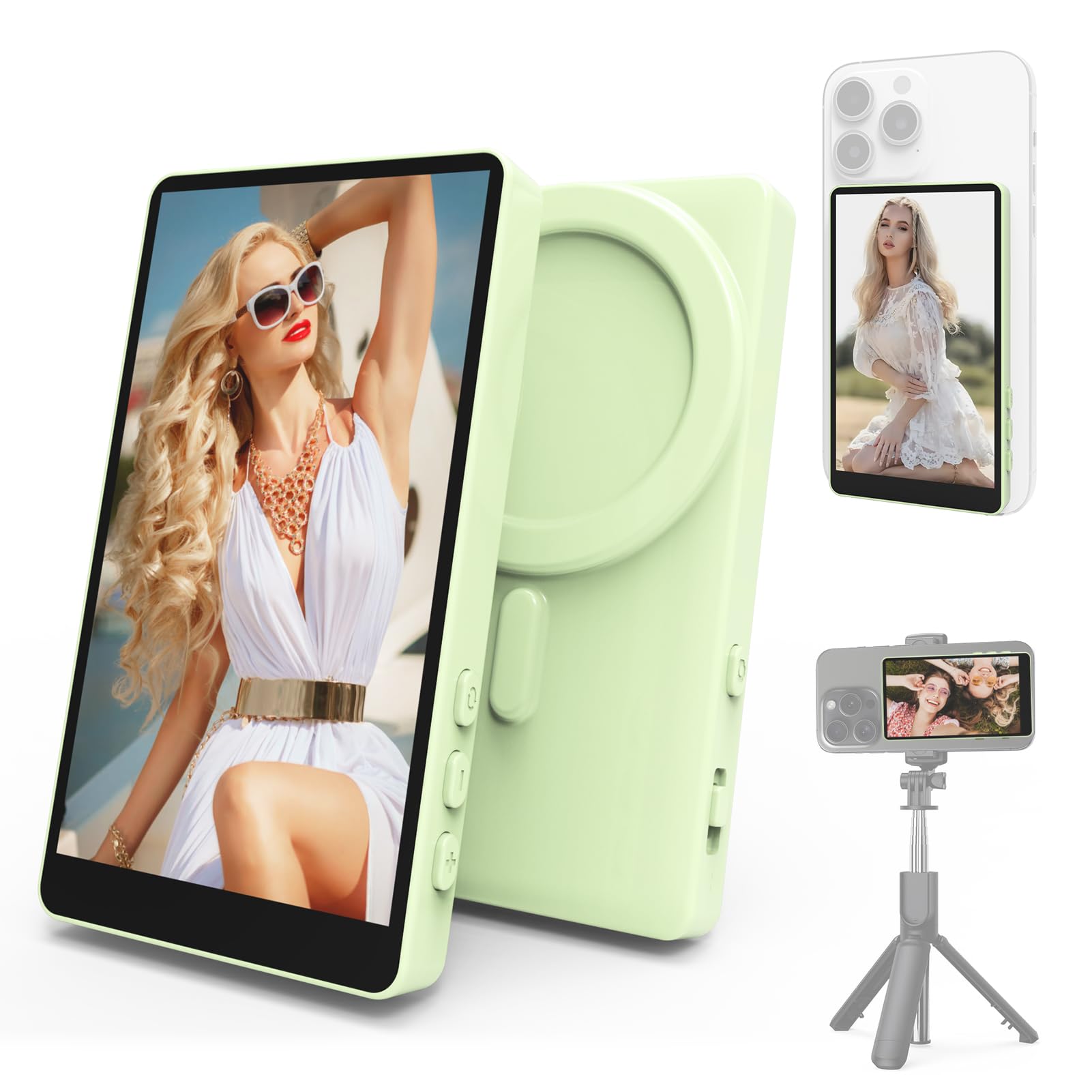 Vamvo Magnetic Selfie Monitor Screen for iPhone &amp; Android, 4K Wireless Vlog Screen with Remote, 180° Rotation &amp; Screen Mirroring Content Creator Essentials for TikTok, YouTube Live Streaming (Green)