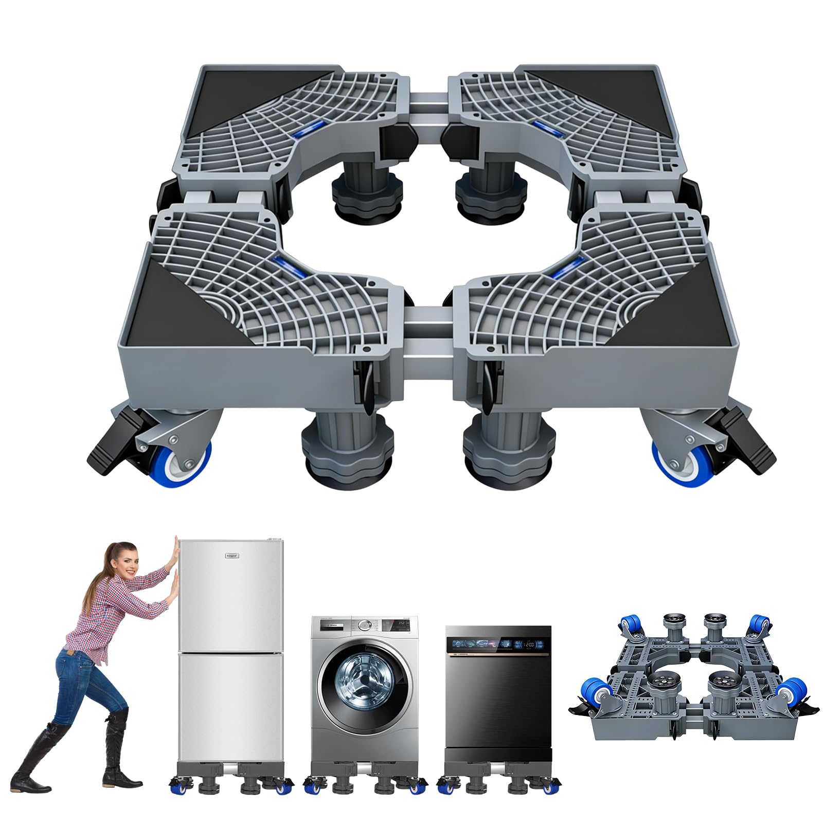 Waschmaschinen Untergestell mit Rollen, Sockel Verstellbar 45-68cm 300kg Tragkraft, Waschmaschine Podest mit 8 Füßen + 4 Bremsrädern für Waschmaschine Trockner Kühlschrank