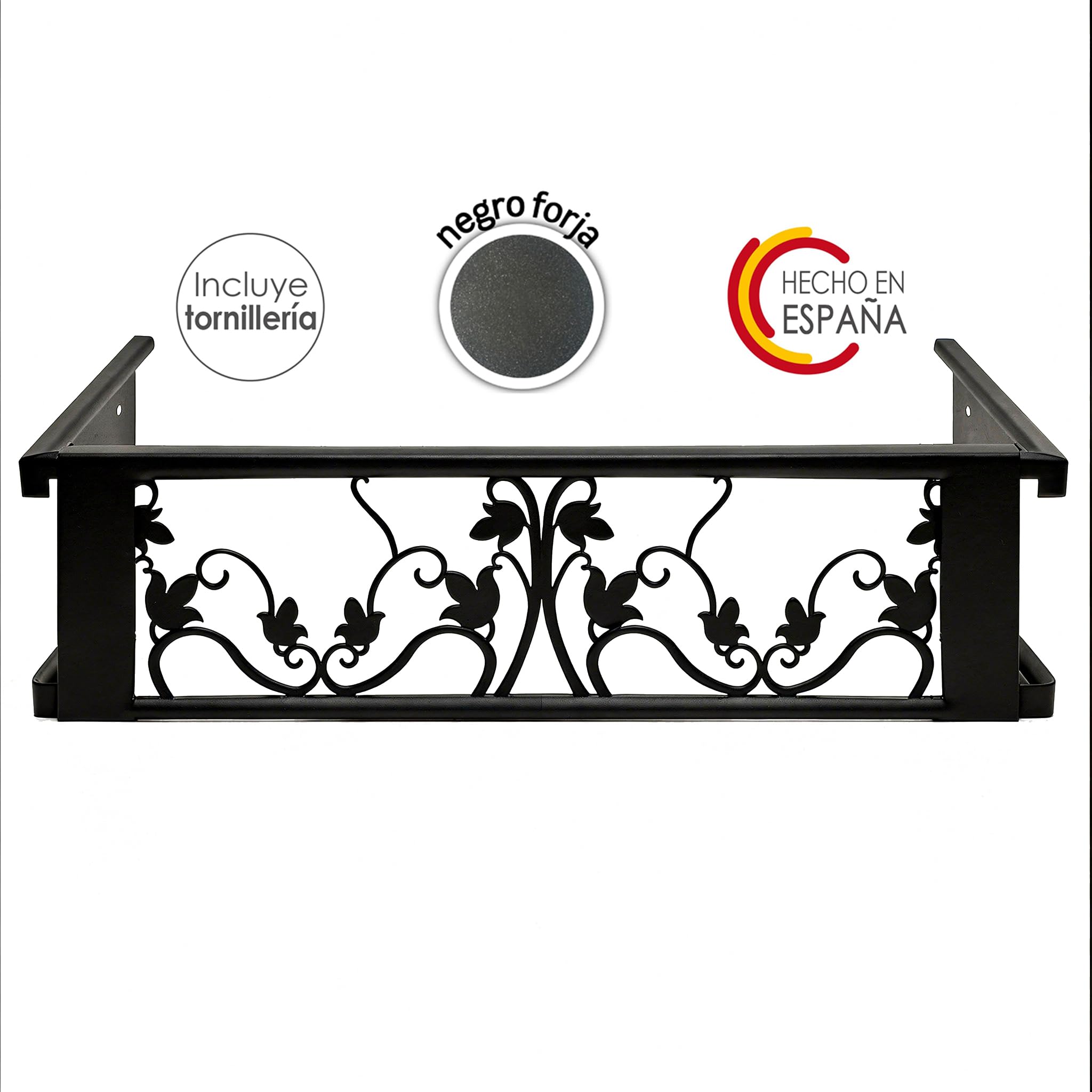 Balconcillo para Macetas, Balconcillo para Plantas, Portamacetas Ventana, Protector de macetas, Modelo Floral Extensible 60-100 cm, Negro Forja