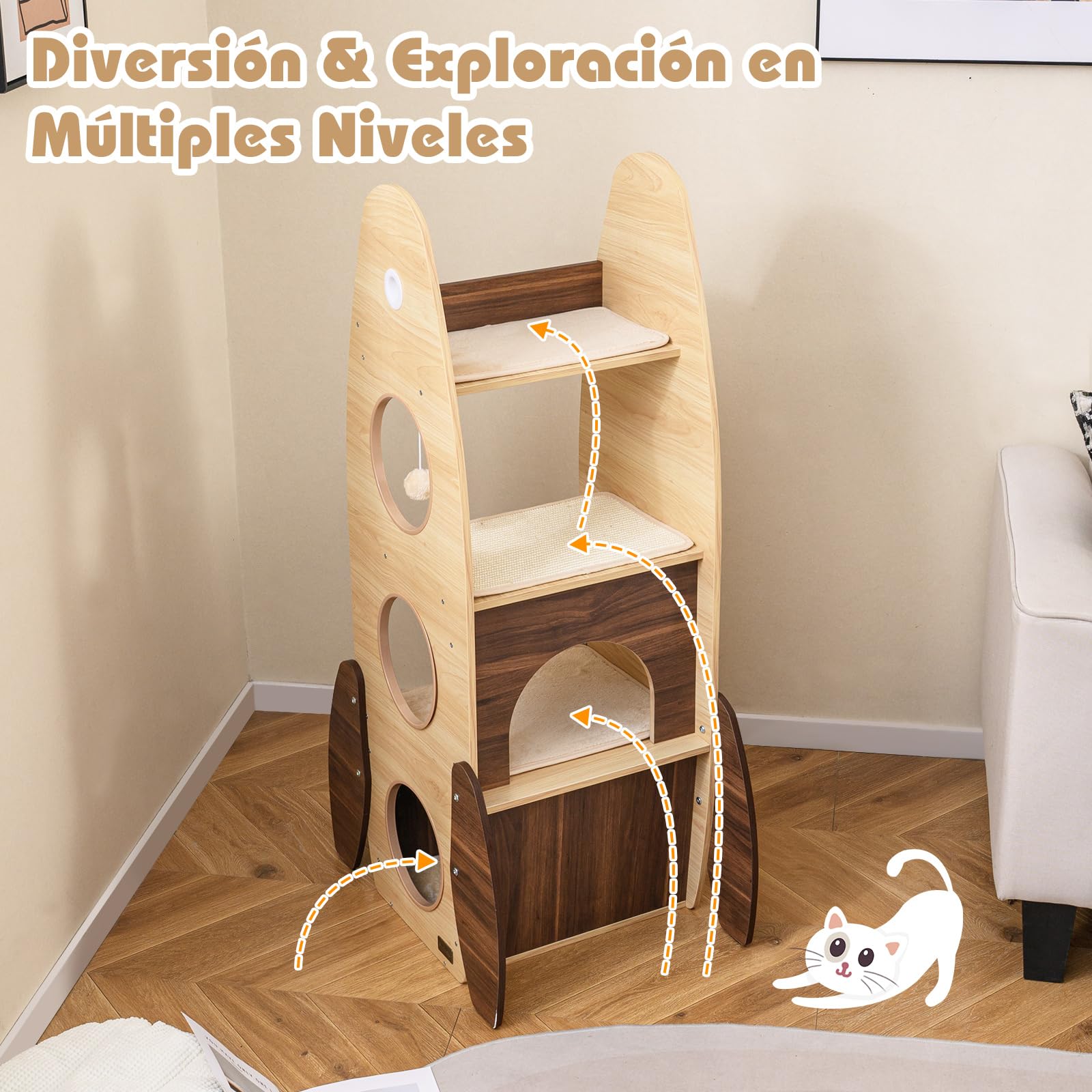 COSTWAY Árbol Rascador para Gatos en Forma de Cohete, Torre para Gatos de Madera con Condominio de 2 Plantas, Percha Superior, Rascador de Sisal, Plataforma Acolchada, Bola Colgante, Natural y Blanco