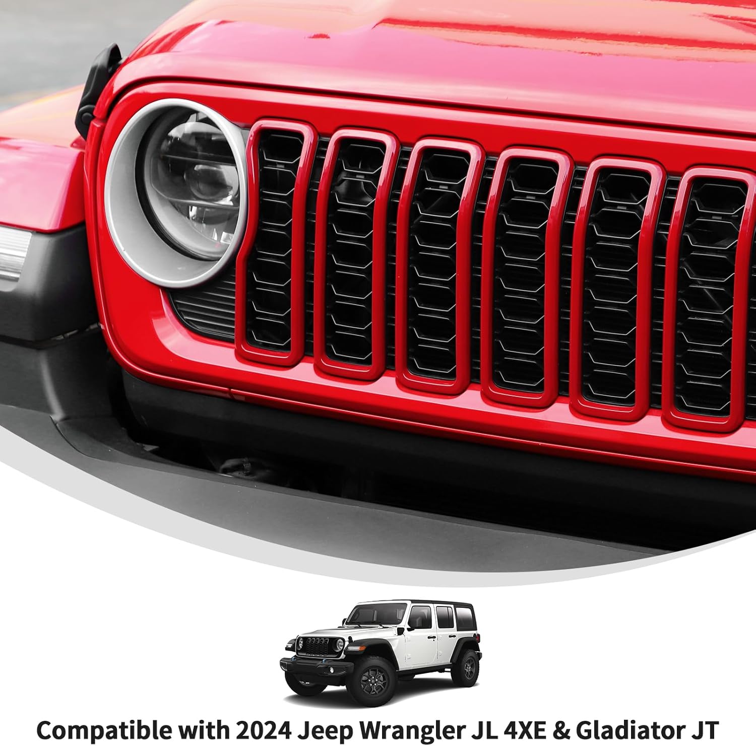 Linskip for 2024-2025 Jeep Wrangler JL 4XE & Gladiator JT Grille Inserts, Meshless Grille Bezel Covers for Jeep Wrangler Sport Rubicon Sahara Willys Mojave Rubicon,Exterior Accessories(Red)
