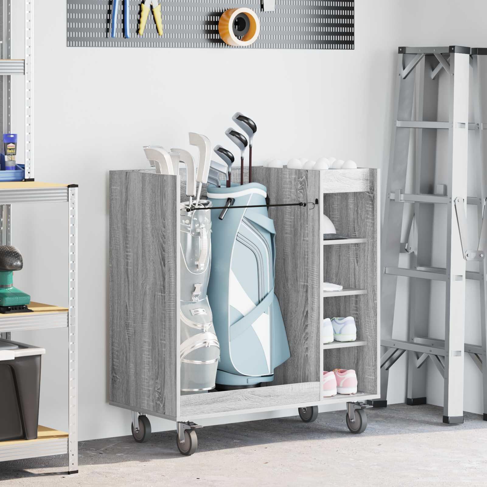 Gecheer Golfschrank, freistehend mit Rädern, Grau Sonoma, 90 x 45 x 98 cm, Holz, Regale für Garage, Aufbewahrung, Golfzubehör
