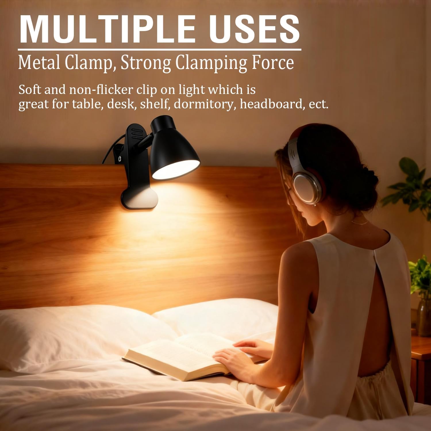 CRI 90+ Clip on Reading Lamp, Clip on Light for Bed headboard/Desk/Bunk/Table/Shelf, Bedside Reading Light with 3 Color Temperature Options, 10 Dimmable Brightness Levels (6W/2Packs)