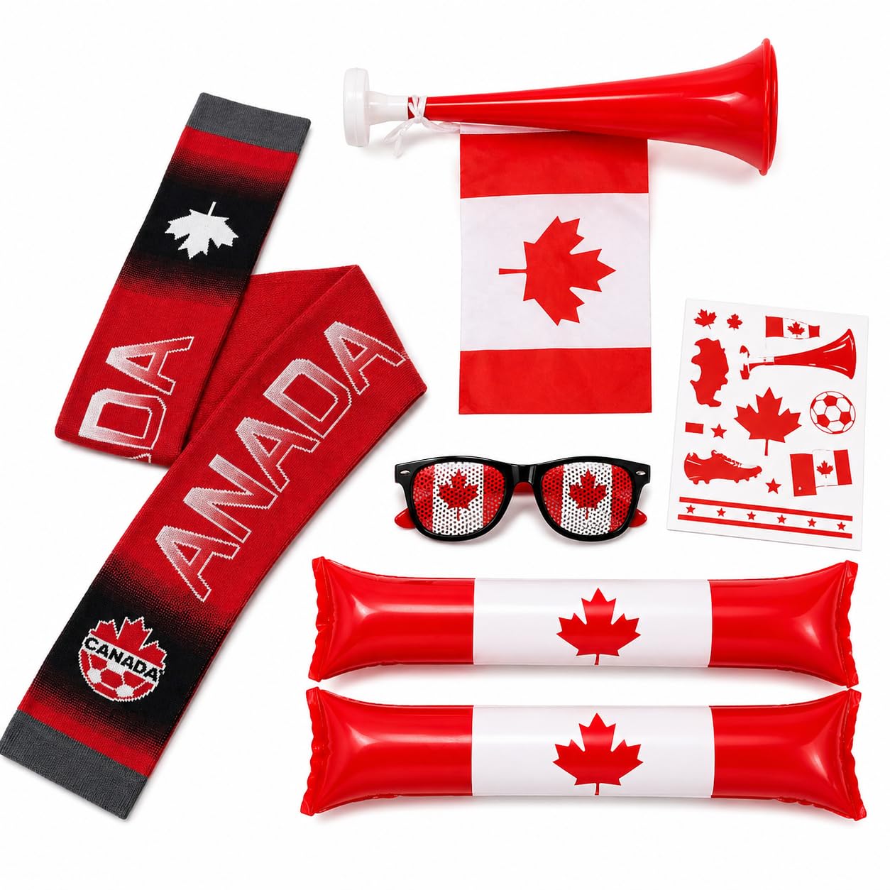 Soccer Fan Gear 5 Pcs Set 2026 World Soccer Sport Cup Party Supplies, Cheer loud and proud with 1 scarf, 2 thundersticks, 1 vuvuzela horn, novelty fan goggles, and temporary tattoos