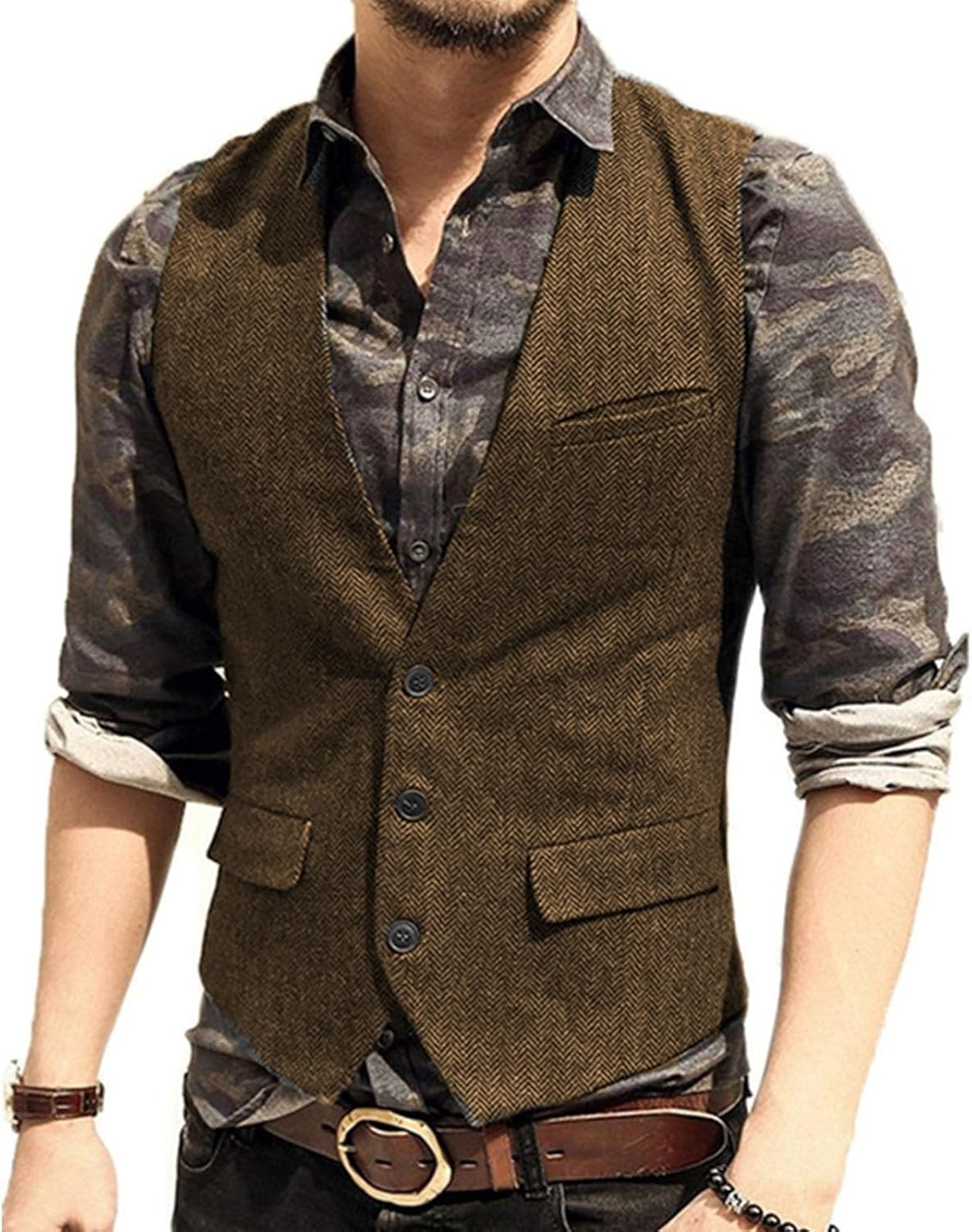 Men's Casual Plus Size Vest with 3 Pockets Wedding Herringbone Slim Fit Waistcoat Jacket Tank Top for Prom,Daily