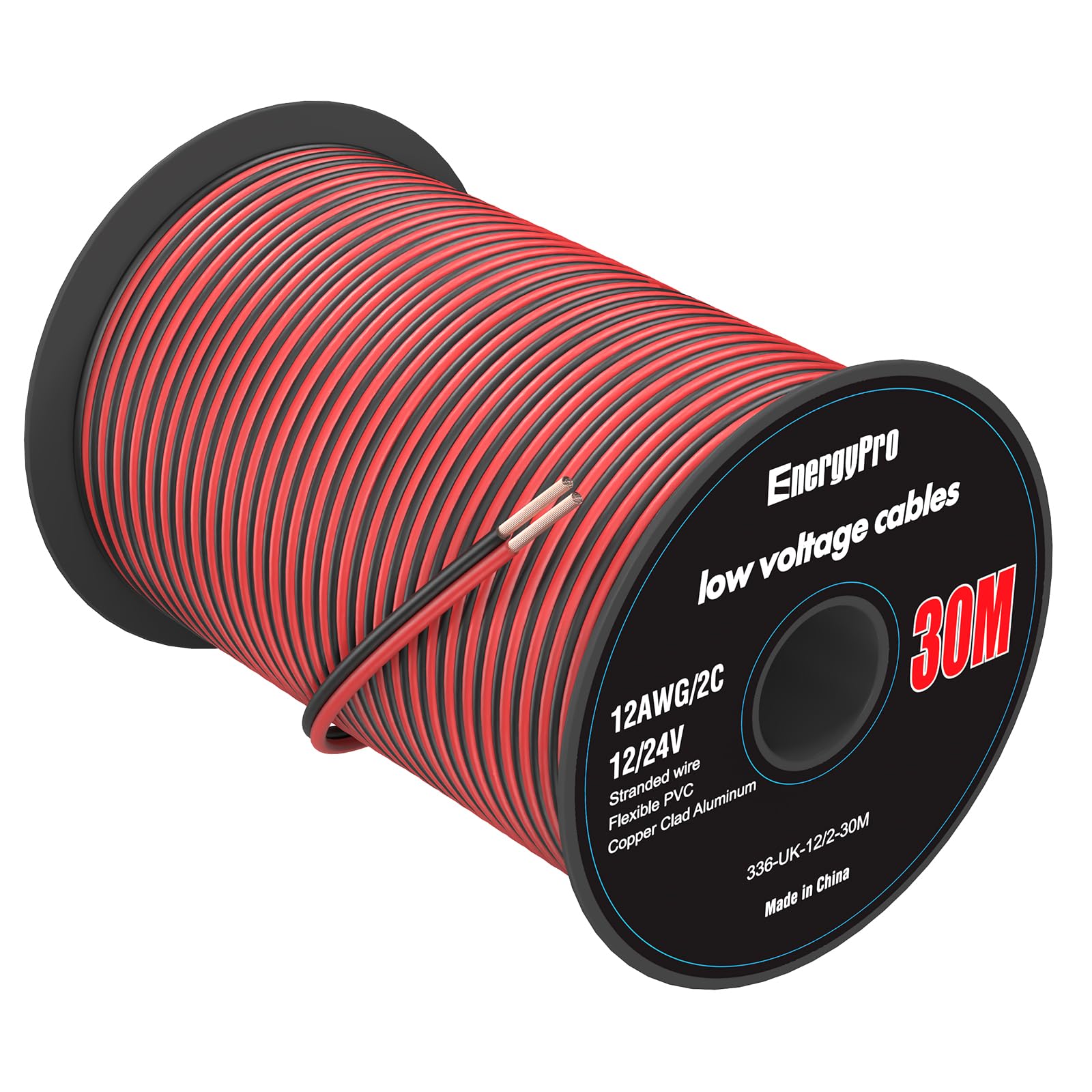 EnergyPro Cable eléctrico de 12 AWG, 0,75 mm², total de 30 metros, 15 negros y 15 rojos, cable de cobre de aluminio recubierto de cobre