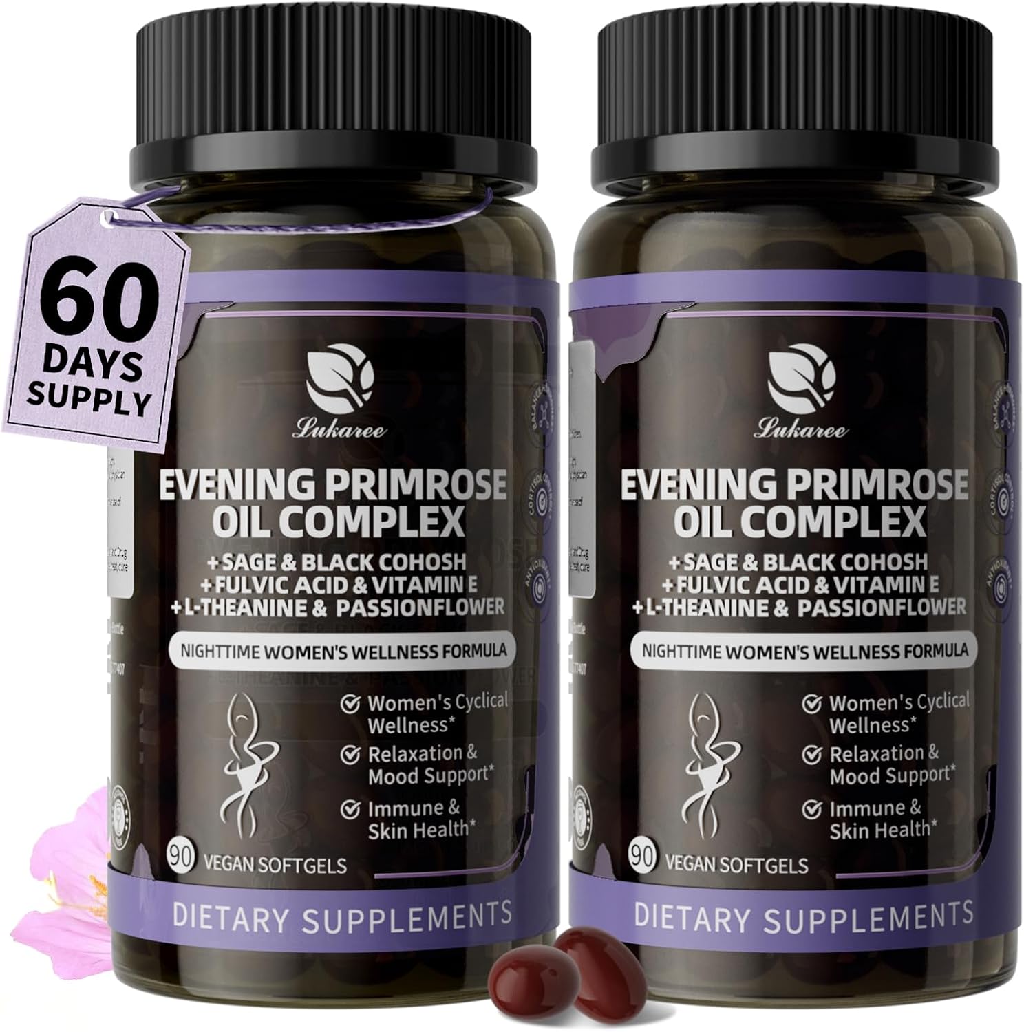 Lukaree 2 Pack Evening Primrose Oil Complex for Women – Hormone Wellness with Cold-Pressed EPO, 10% GLA, Sage, Fulvic Acid, L-Theanine – Cyclical Balance, Mood, Skin & Immune Health, 180 Softgels
