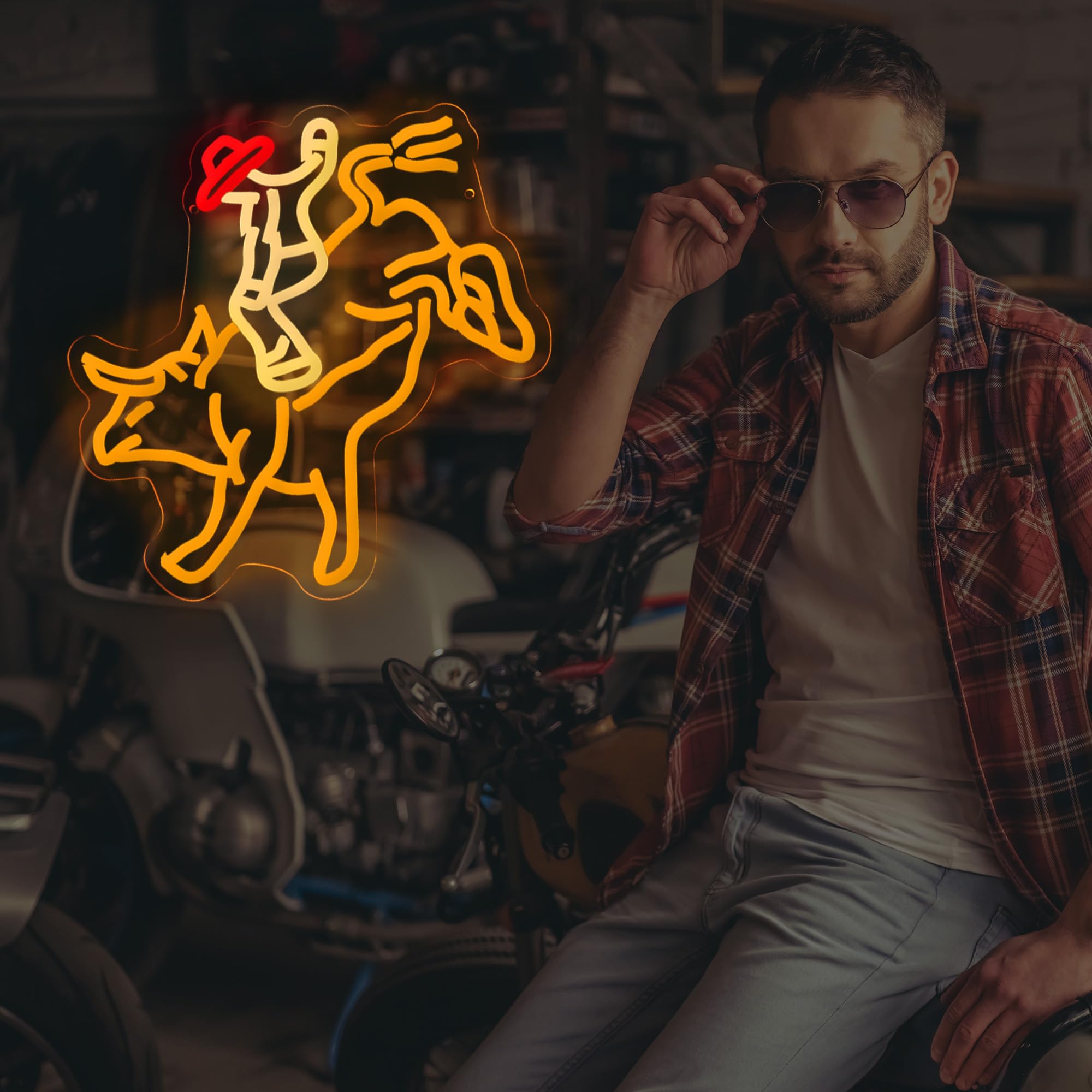Panneau néon Rodéo Cowboy Rides Bull Riding - Panneau lumineux Western Man Rides - Décoration murale - Cadeau pour homme