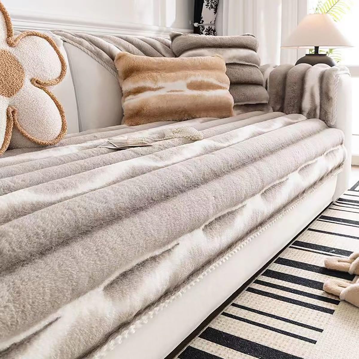 Funda de sofa super suave efecto conejo con base fija universal para protectores de salon