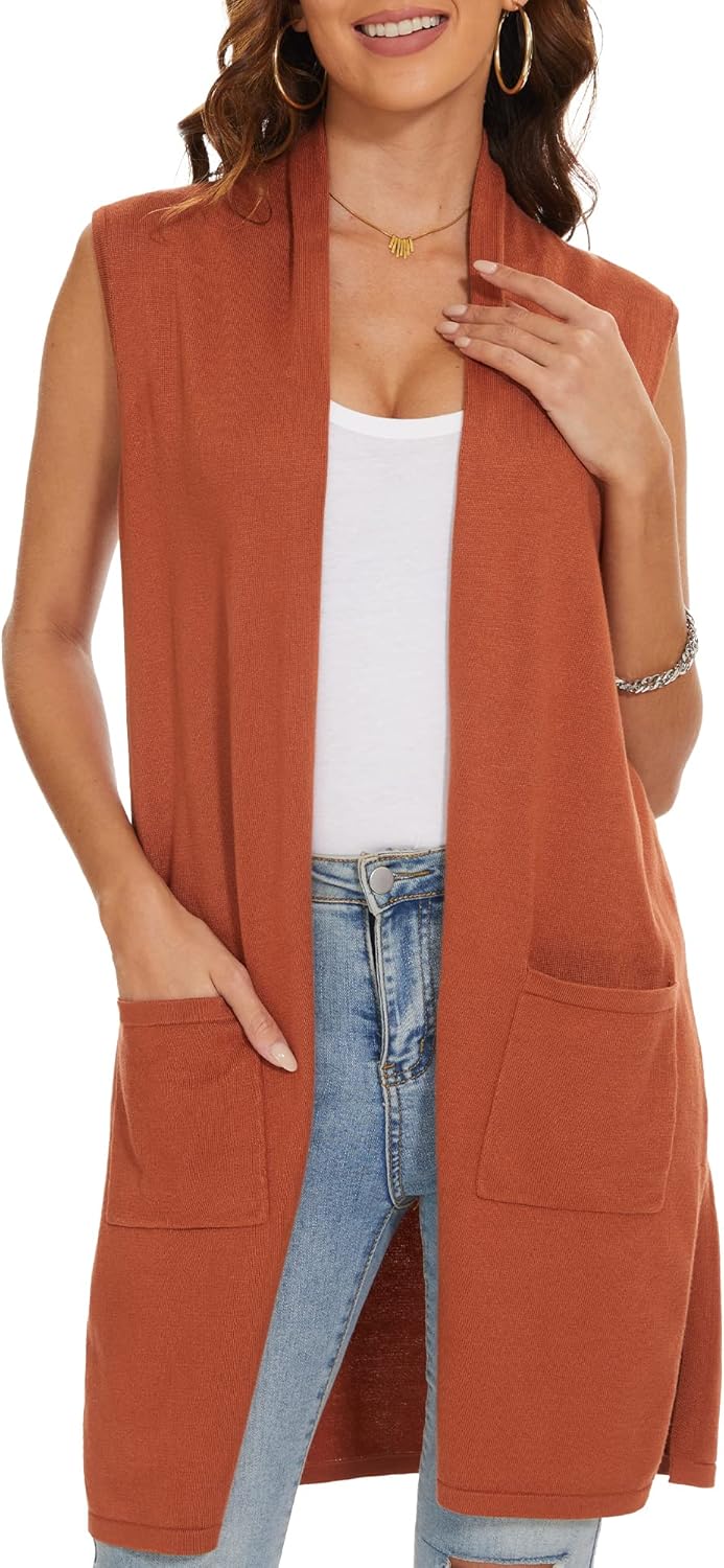 INKOFF Women's Long Knit Cardigan Vest Sleeveless Sweater Pockets Open Front Draped Duster Vest Casual