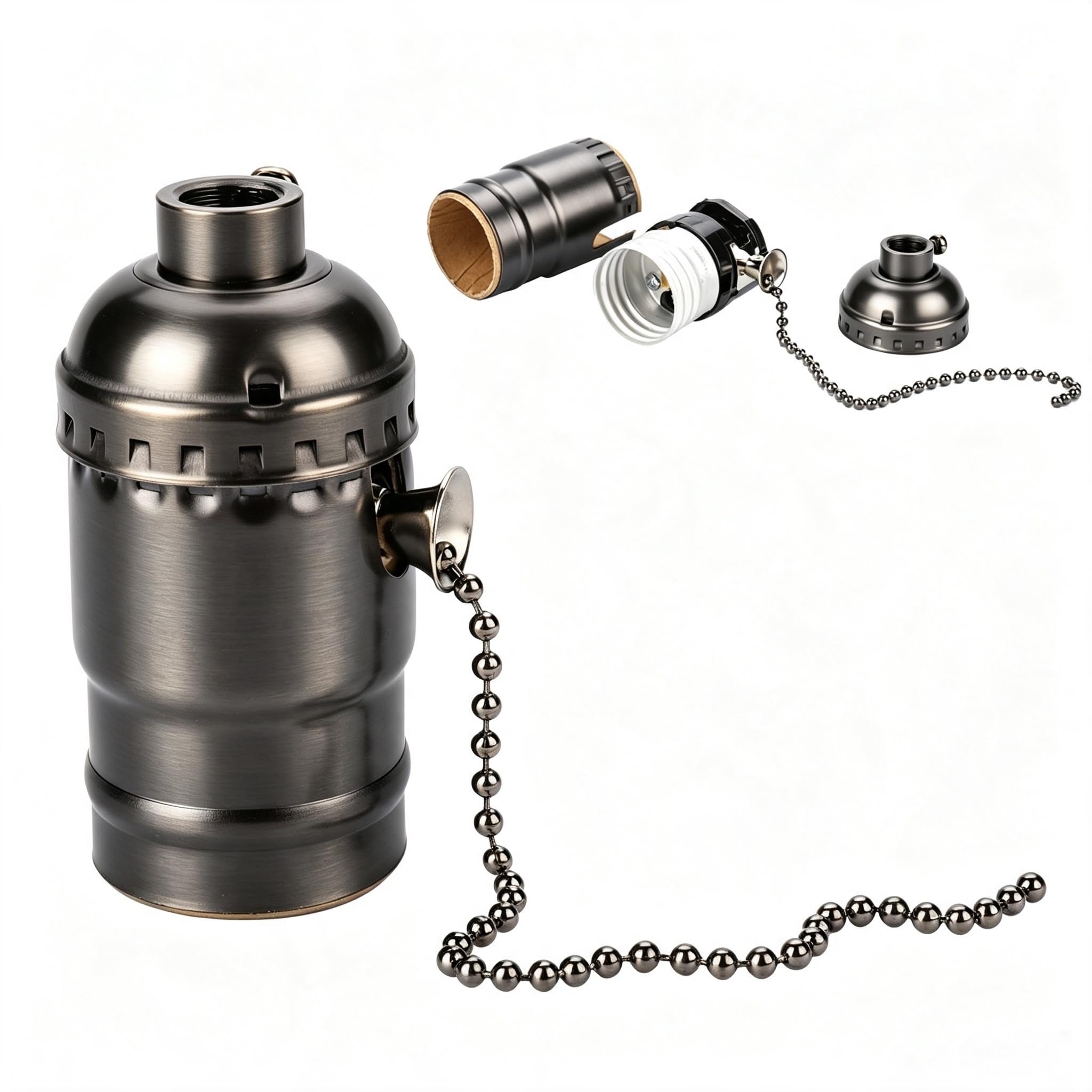 Maxmartt Antique Pull Chain Lamp Socket, E-27 Lamp Holder Aluminium Vintage Light Socket Pull Chain Table Lamp Lighting Holder Screw Base (Black)-image-5