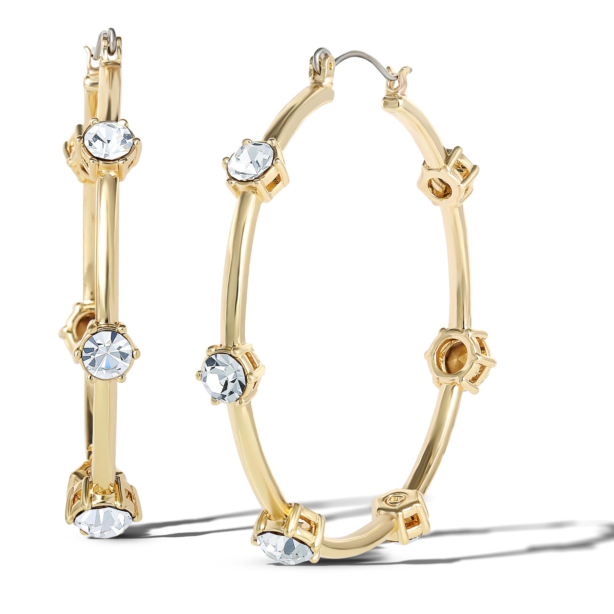 Jessica Simpson Womens Large Hoop Crystal Earrings - Large Gold-Tone Hoop Earrings with Crystal Embellishments