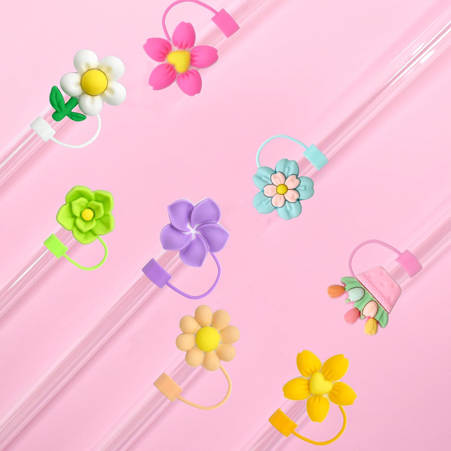 63PCS Flower Colorful Straw Cover Cap for Stanley Cup 40oz Cute Tumbler Straw Toppers Bulk Reusable PVC Cute 3D Straws Accessories,fit 0.35-0.4in/10mm Straws Protector Dust-Proof for Party gifts - Image 6