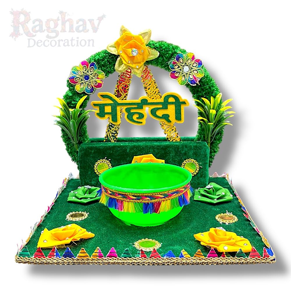 Mehndi Ceremony Decoration Thali with Bowl | Wedding Mehndi Platter for Bride | Haldi Mehndi Function Decor | Handcrafted Mehndi Rasam Tray (Green) 3