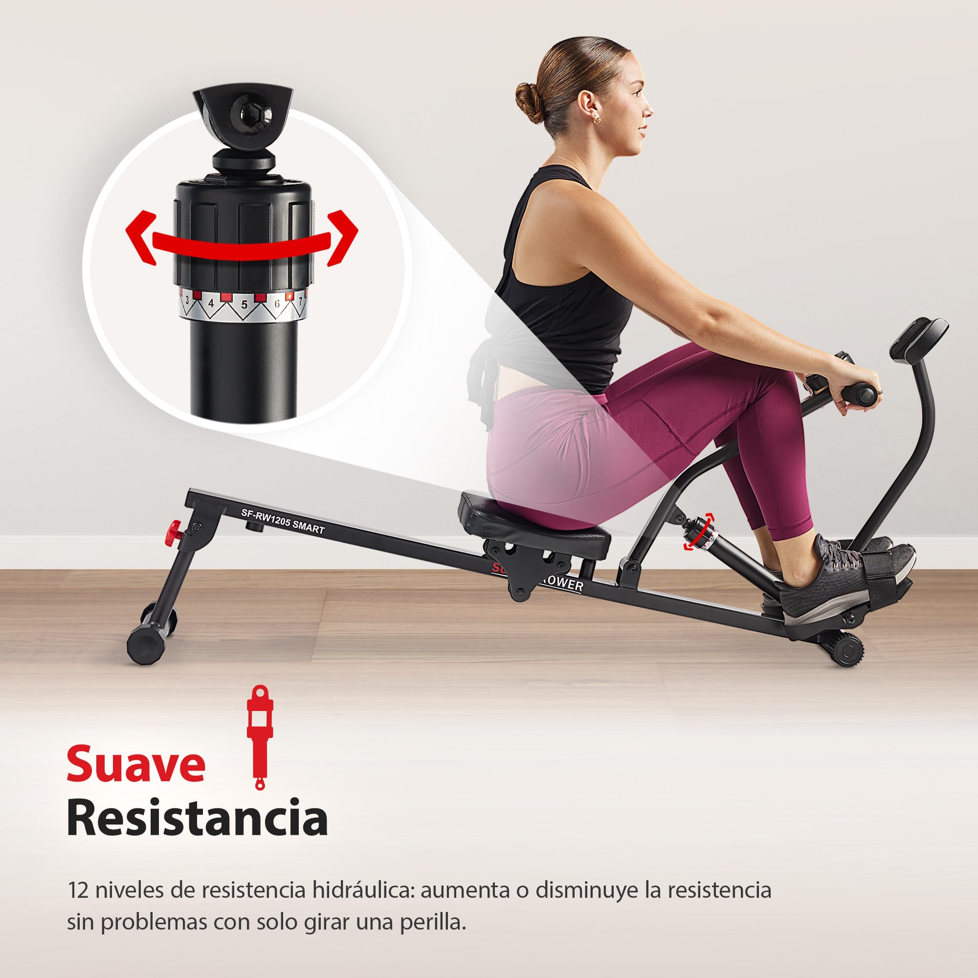 Sunny Health & Fitness Máquina de Remo Compacta y Ajustable, Equipo de Ejercicio Cardiovascular con 12 Niveles de Resistencia para Entrenamientos Corporales Completos y Opcional SunnyFit App Gratuita | Cardio de Cuerpo Completo, Suave con las Articulacion