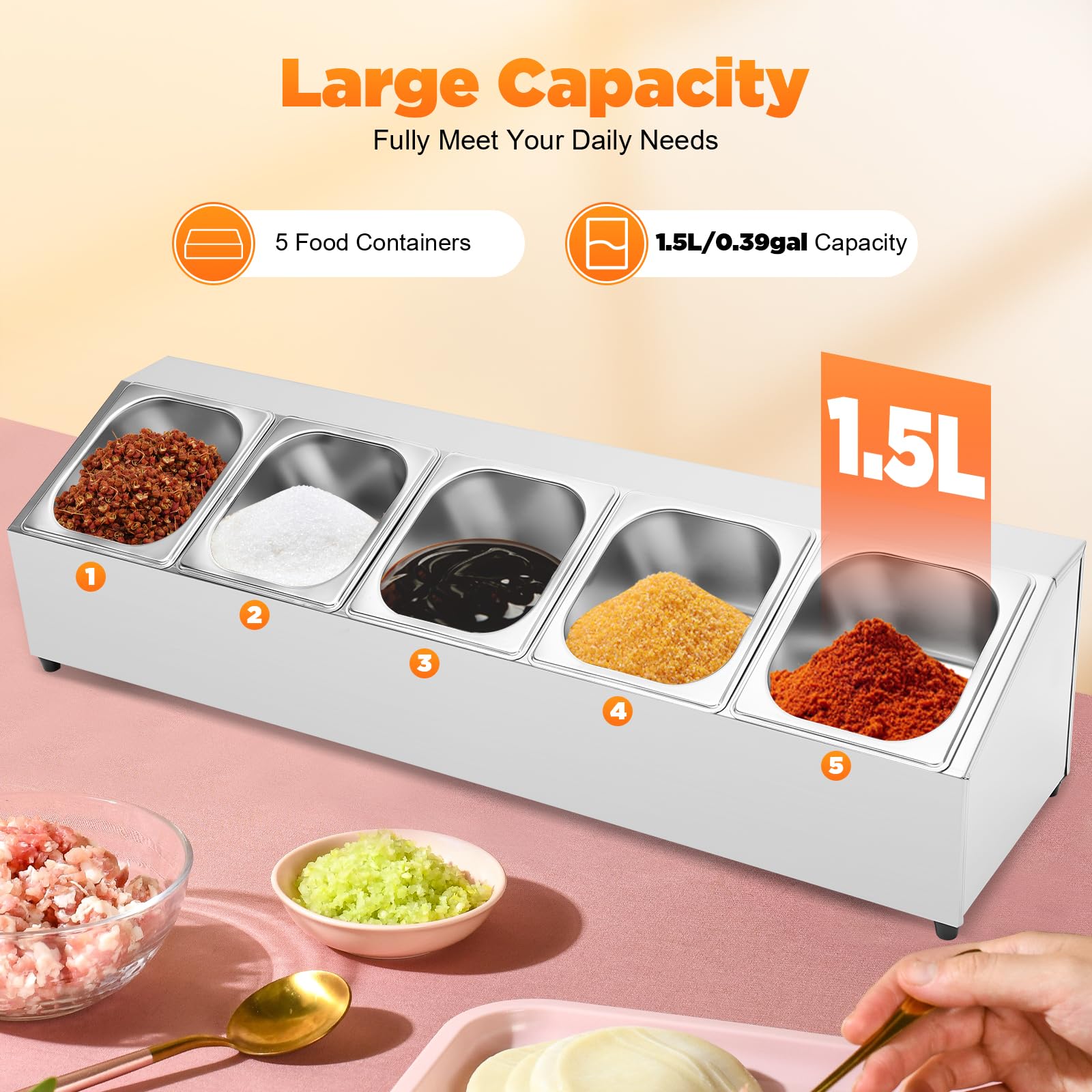 Contenedor de ingredientes para pizza, 5 unidades de 1,5 l de acero inoxidable con tapa, soporte profesional para pizza, recipiente para colocar guarniciones para alimentos y especias
