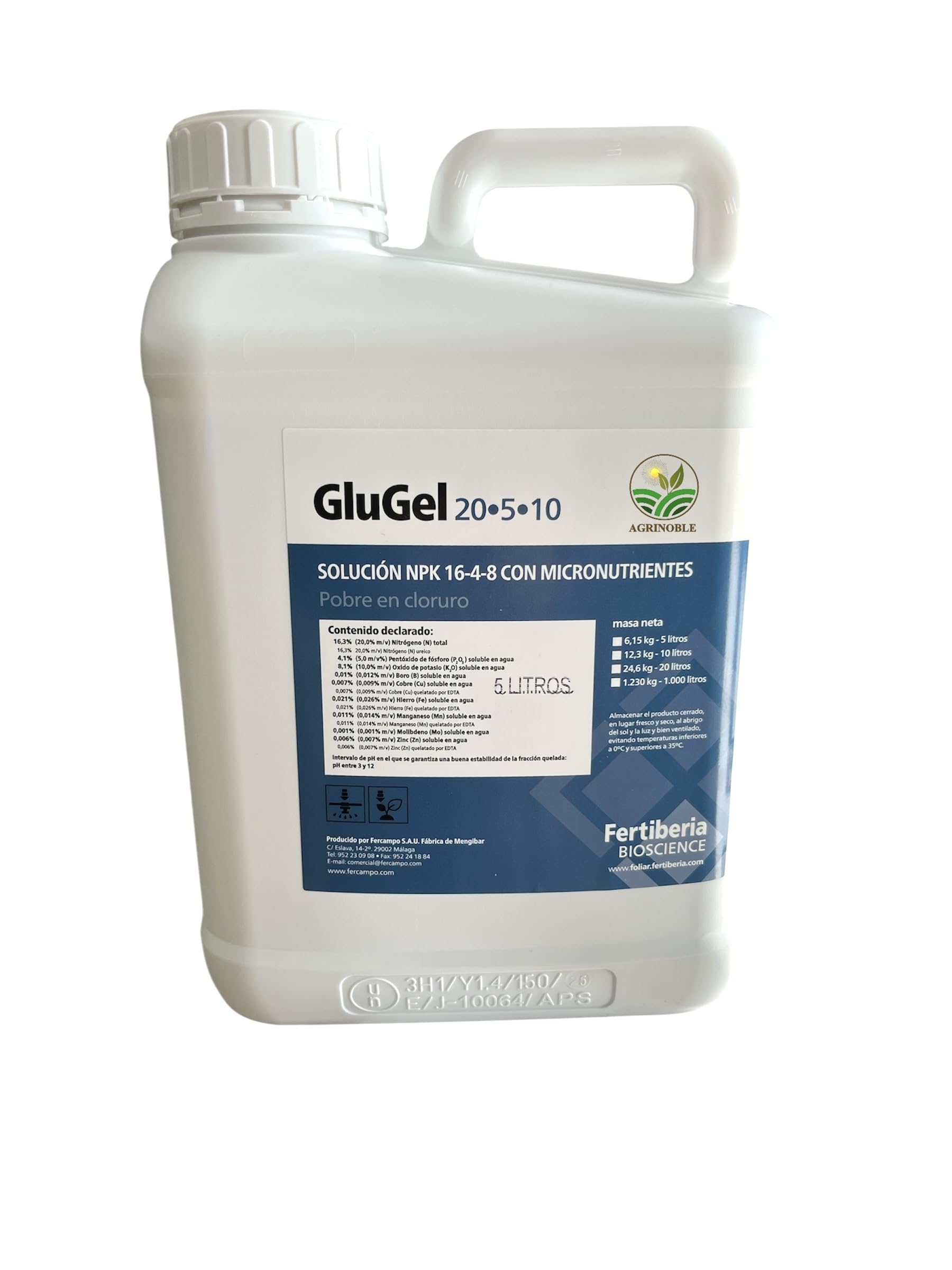 Abono fertilizante en gel especial con micro nutrientes 5L. Glugel NPK 20-5-10 sin cloruro.