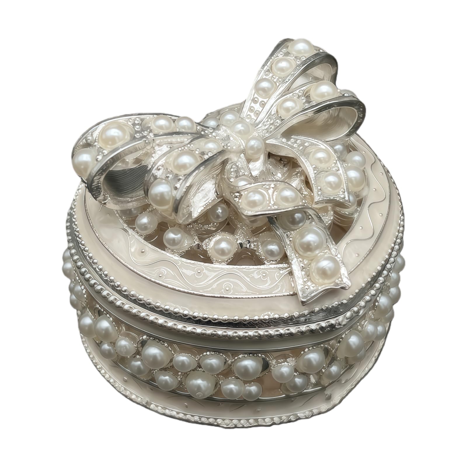 Metal Jewelry Box with Pearl Bow Pattern Heart Shape Vintage Trinket Storage Box Decorative with Magnetic Latching Keepsake