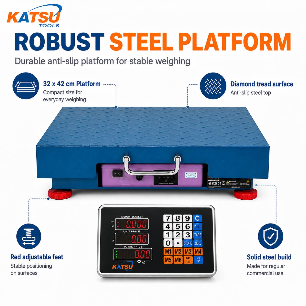 KATSU Balanza Industrial de Plataforma 100kg /10g Electrónica Recargable Báscula Postal Digital con LED Pantalla y 32x42cm Plataforma de Acero a Prueba de Herrumbre para Envío de Paquetes Almacén
