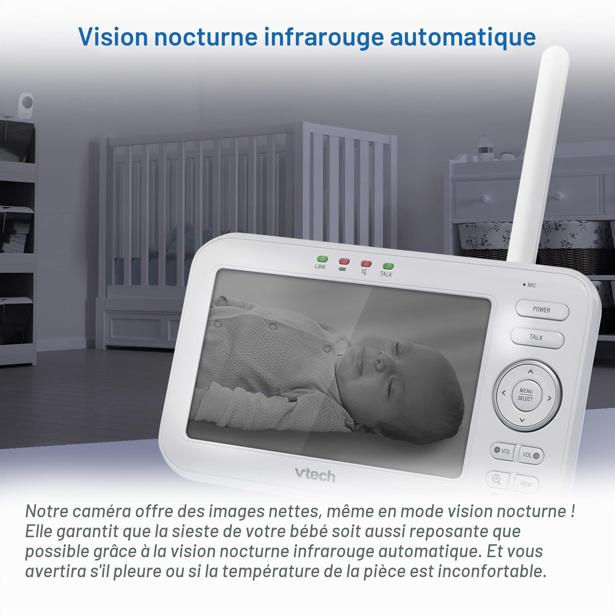 VTech Moniteur de bébé LM808-2W avec 2 caméras, portée de 300 m, Vision Nocturne Automatique, Moniteur vidéo pour bébé avec écran de 5", Conversation Audio bidirectionnelle, capteur de température