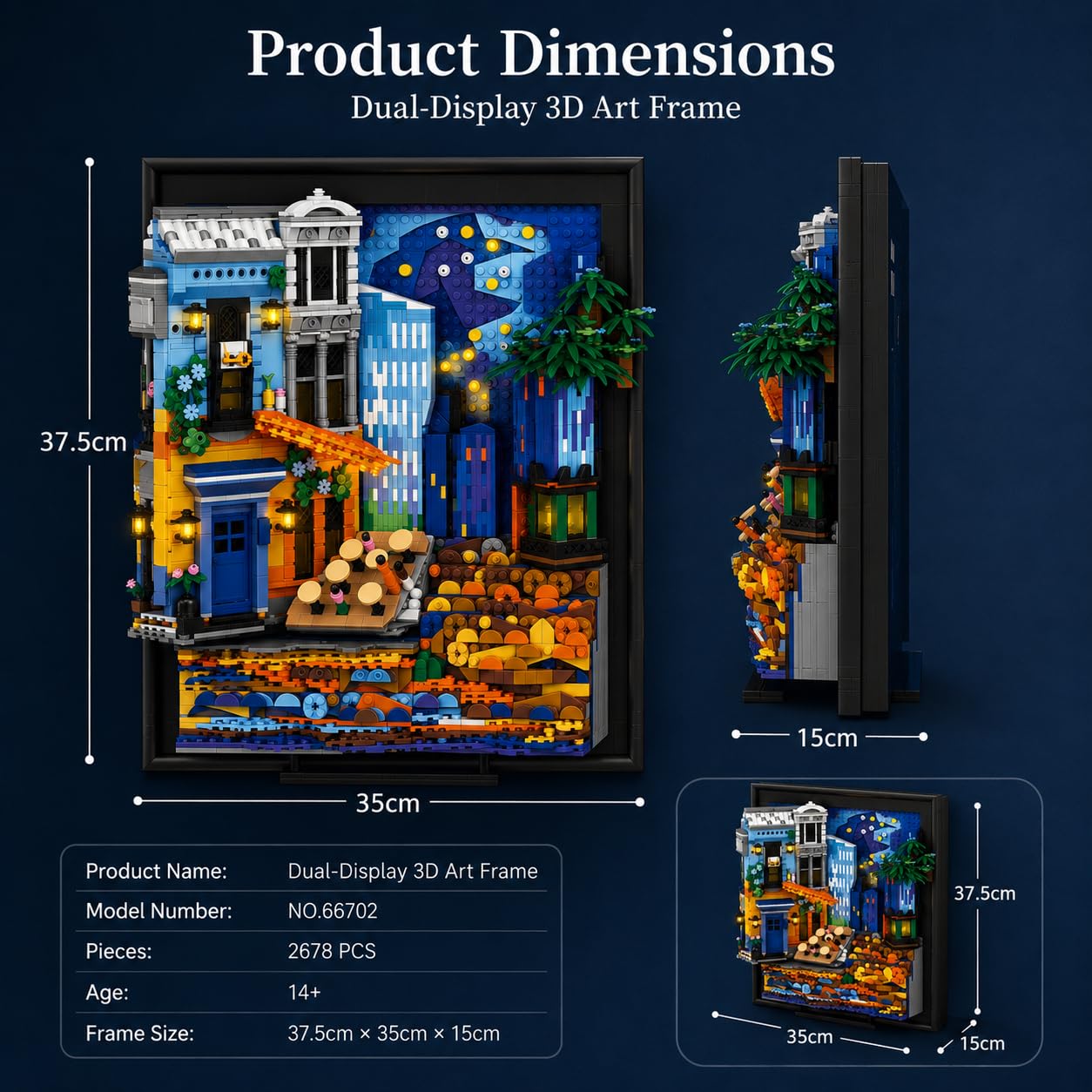 Set de Construction Café Terrace at Night pour Adultes, Tableau Mural 3D Encadré, Kit de Construction Artistique pour Décoration Maison et Bureau, Compatible avec Lego Art, 2678 Pièces
