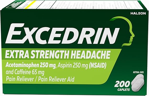 Excedrin Extra Strength Pain Relief Caplets for Headache Relief, Acetaminophen 250mg, Aspirin 250mg, Caffeine 65mg, Pain Reliever, 200 Count