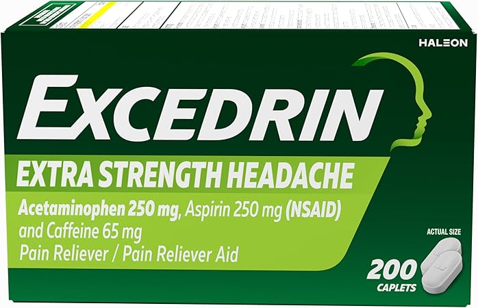 Excedrin Extra Strength Pain Relief Caplets for Headache Relief, Acetaminophen 250mg, Aspirin 250mg, Caffeine 65mg, Pain Reliever, 200 Count
