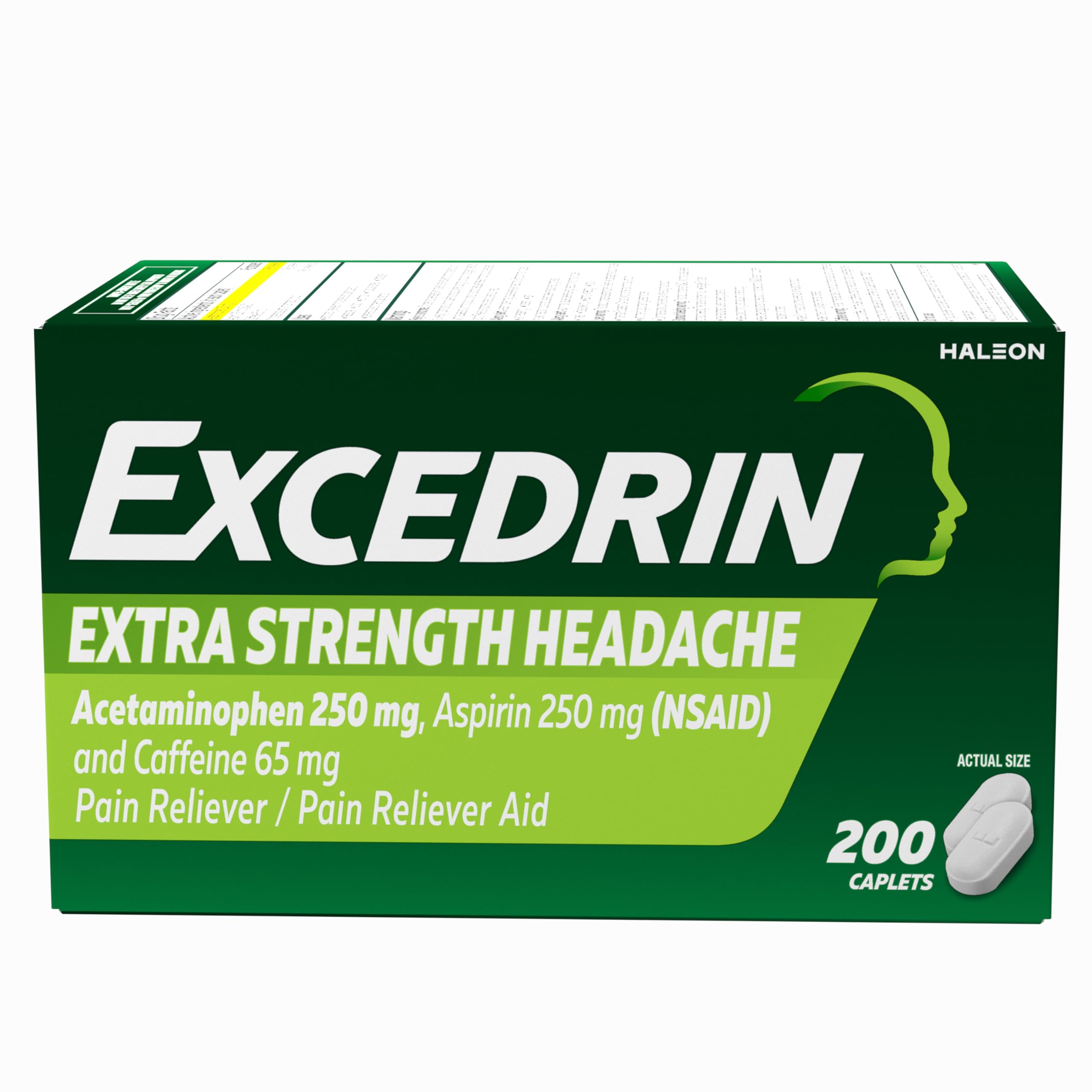 Extra Strength Pain Relief Caplets for Headache Relief, Acetaminophen 250mg, Aspirin 250mg, Caffeine 65mg, Pain Reliever, 200 Count