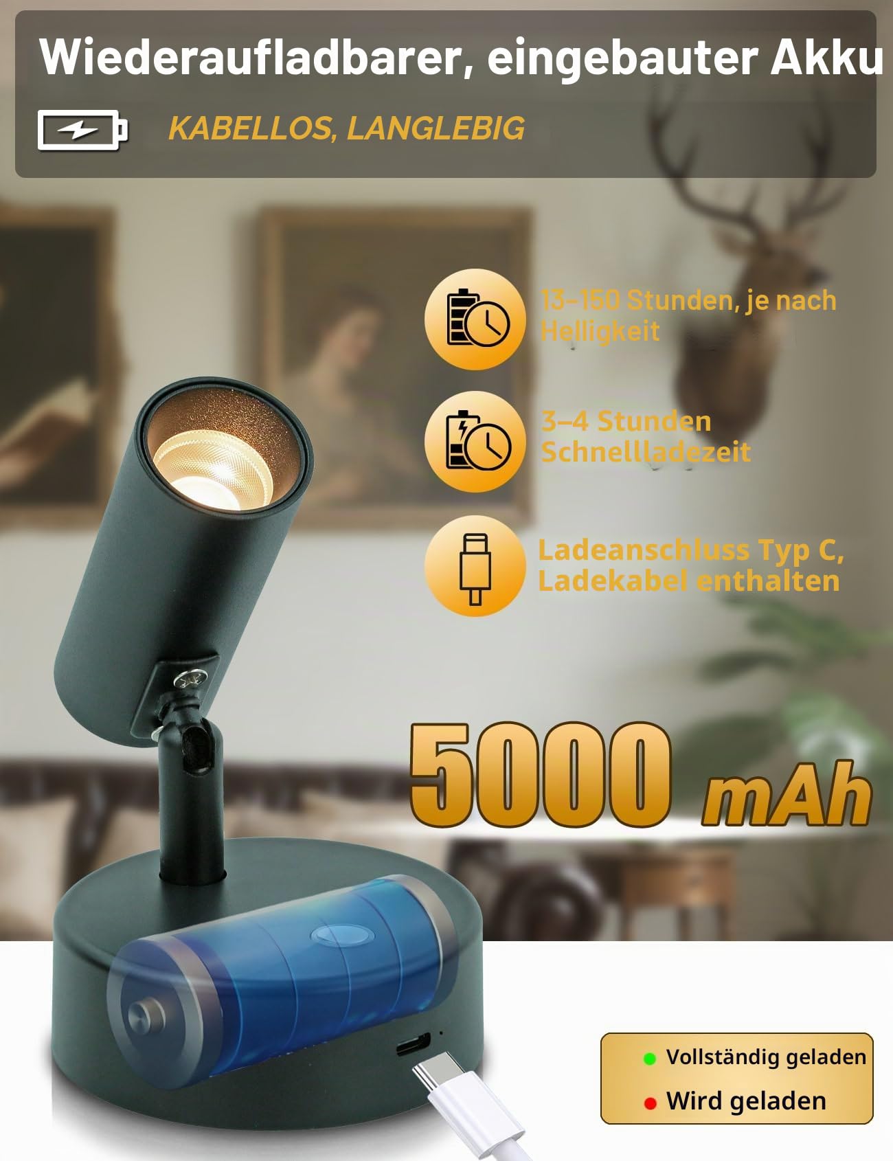 HSLighting Spotlights für den Innenbereich mit Fernbedienung, 5000mAh Wiederaufladbares Bild-Spotlight, Kabellose LED-Akzentbeleuchtung mit Timer & Dimmfunktion 3 CCT Mini-Spots für Gemälde, 2 stk