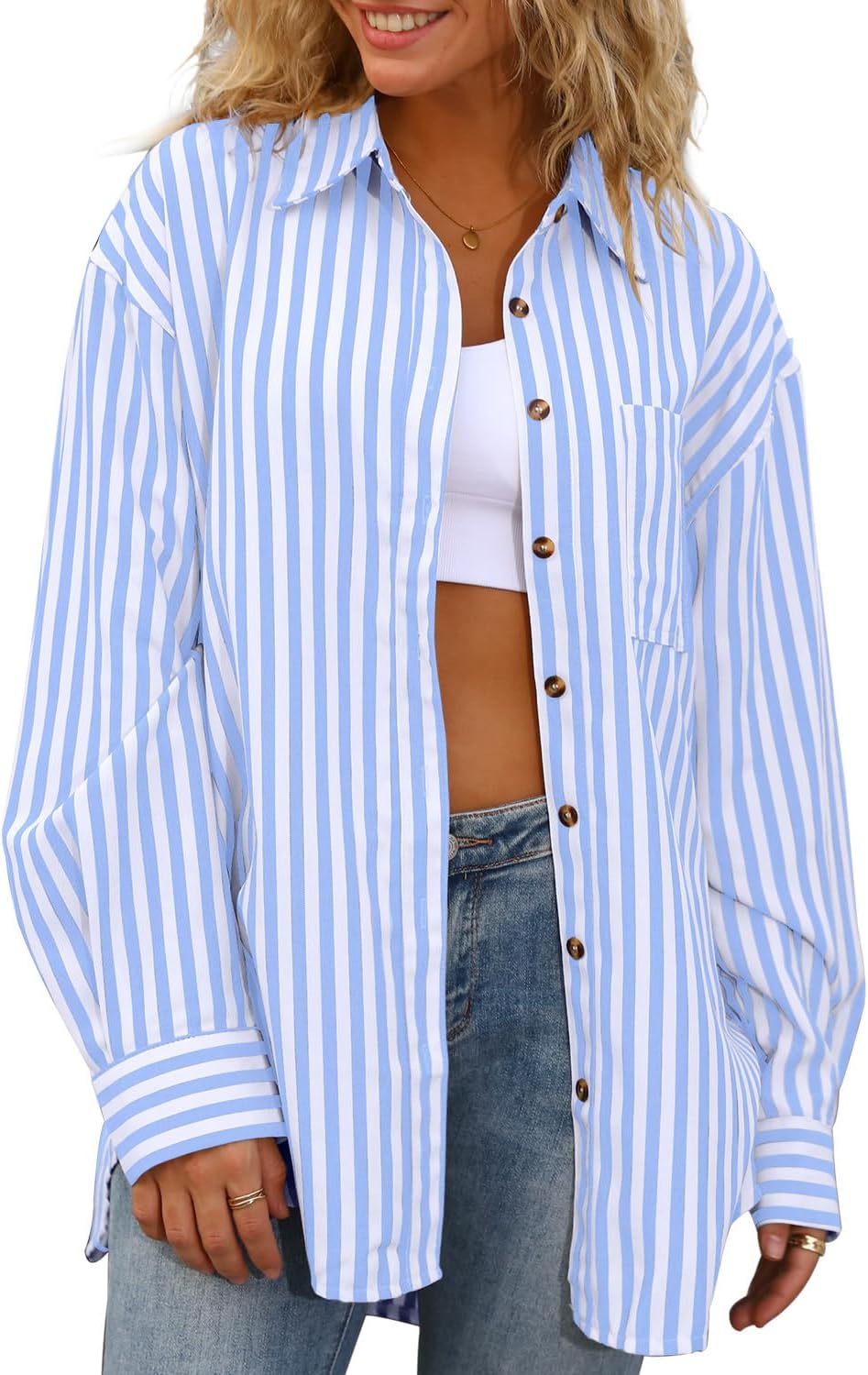 CHYRII Women's Striped Button Down Long Sleeve Blouse