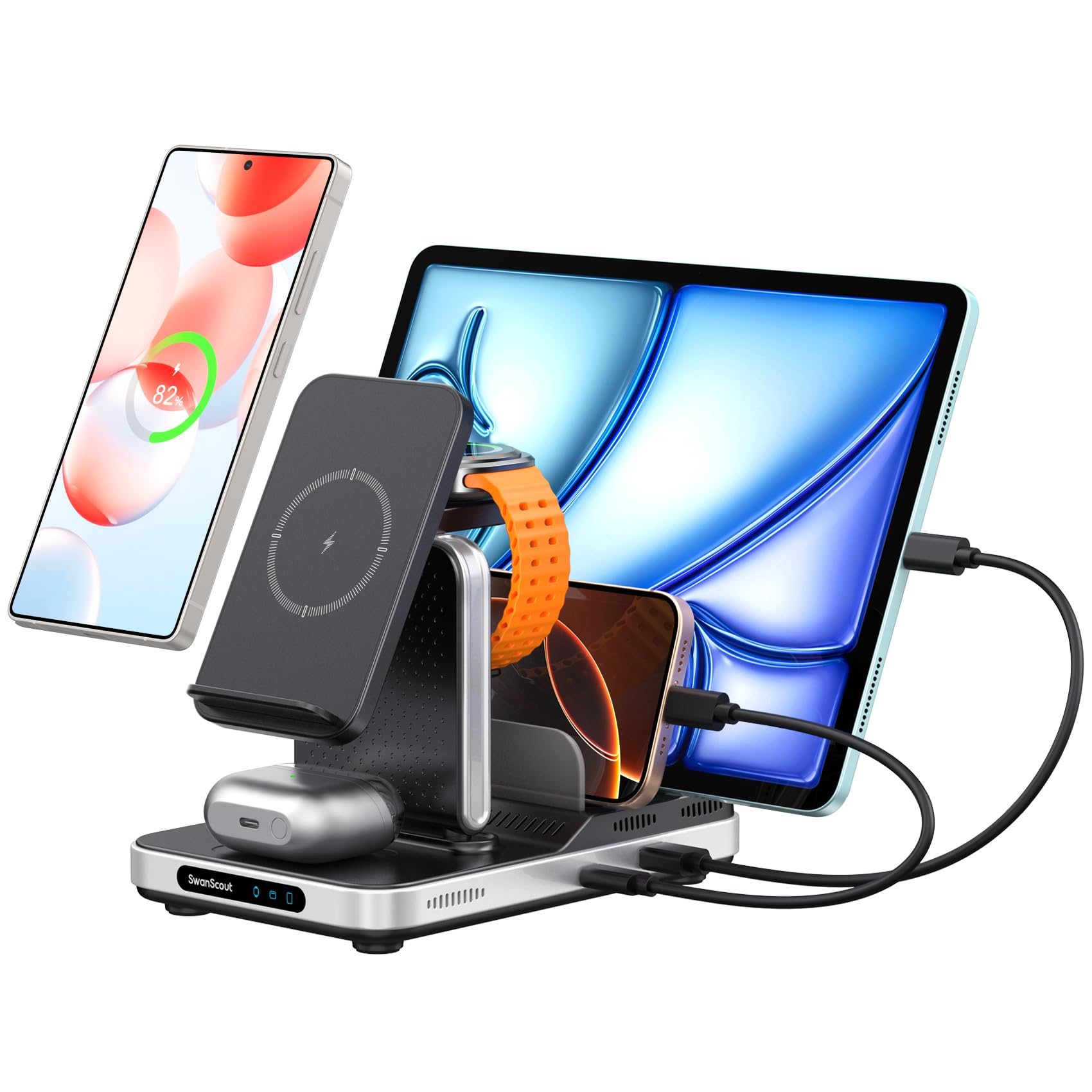 SwanScout Stazione di ricarica 5 in 1 per dispositivi Samsung, Caricatore wireless per serie Samsung S25/S24/S23, Galaxy Watch Ultra/8/7/6/5/4, Galaxy Buds, per Galaxy Tab/iPad/Switch, Modello 901S