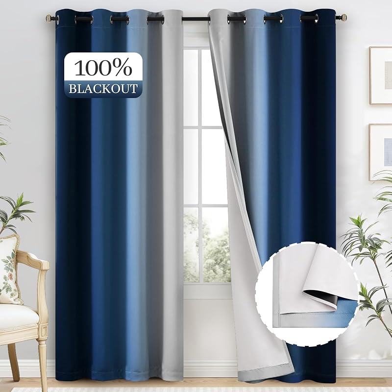 Yakamok 100% Blackout Curtains Ombre Blue Curtains for Bedroom 84 Inch | 2 Layers,Room Darkening Grommet Gradient Drapes,Light Blocking Thermal Insulated Window Curtains for Living Room 52W x 84 L