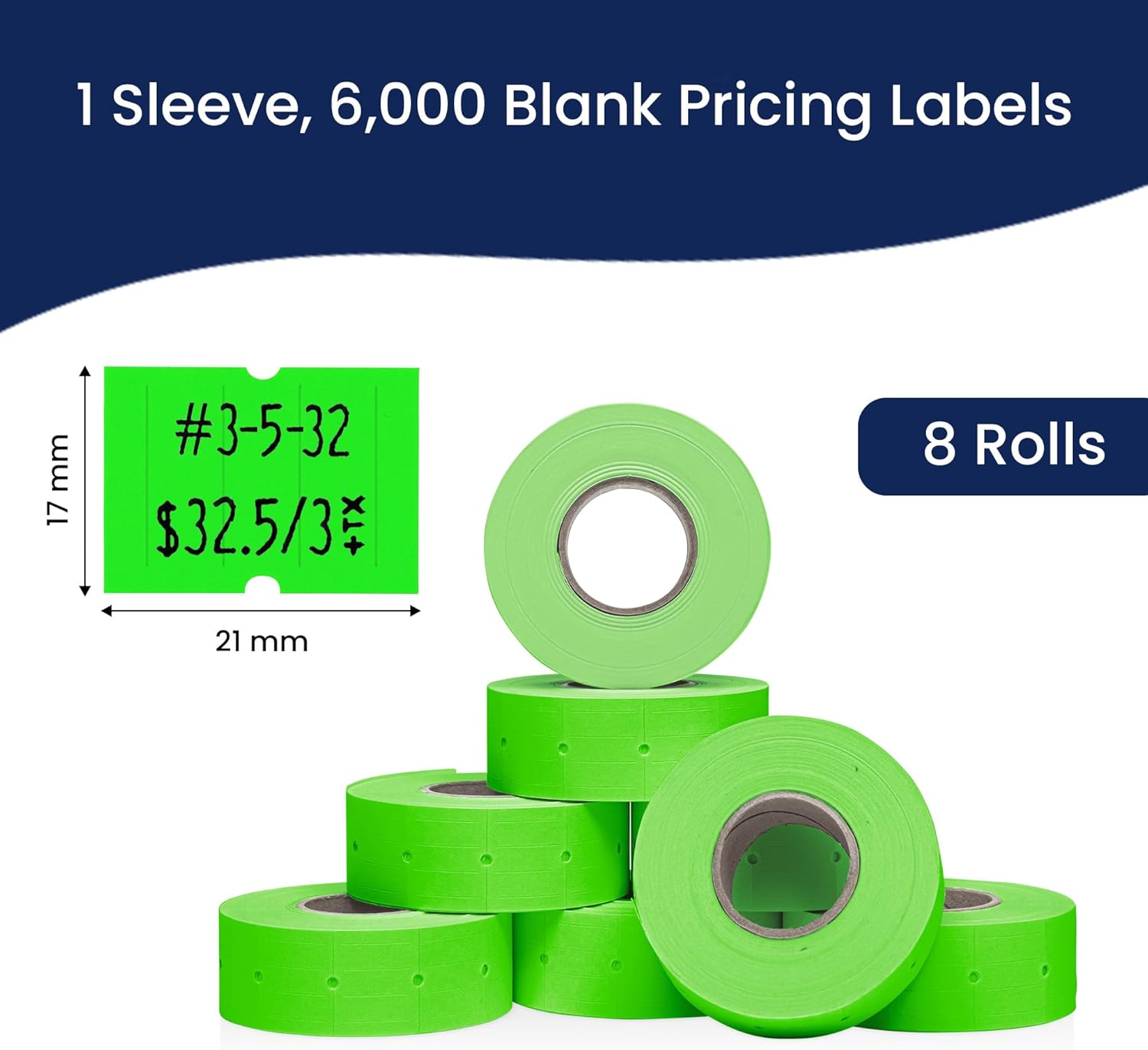 Perco 2 Line Fluorescent Green Labels - 8 Rolls, 1 Sleeve, 6,000 Blank Price and Date Gun Labels for Perco 2 Line Price and Date Guns - Made in USA