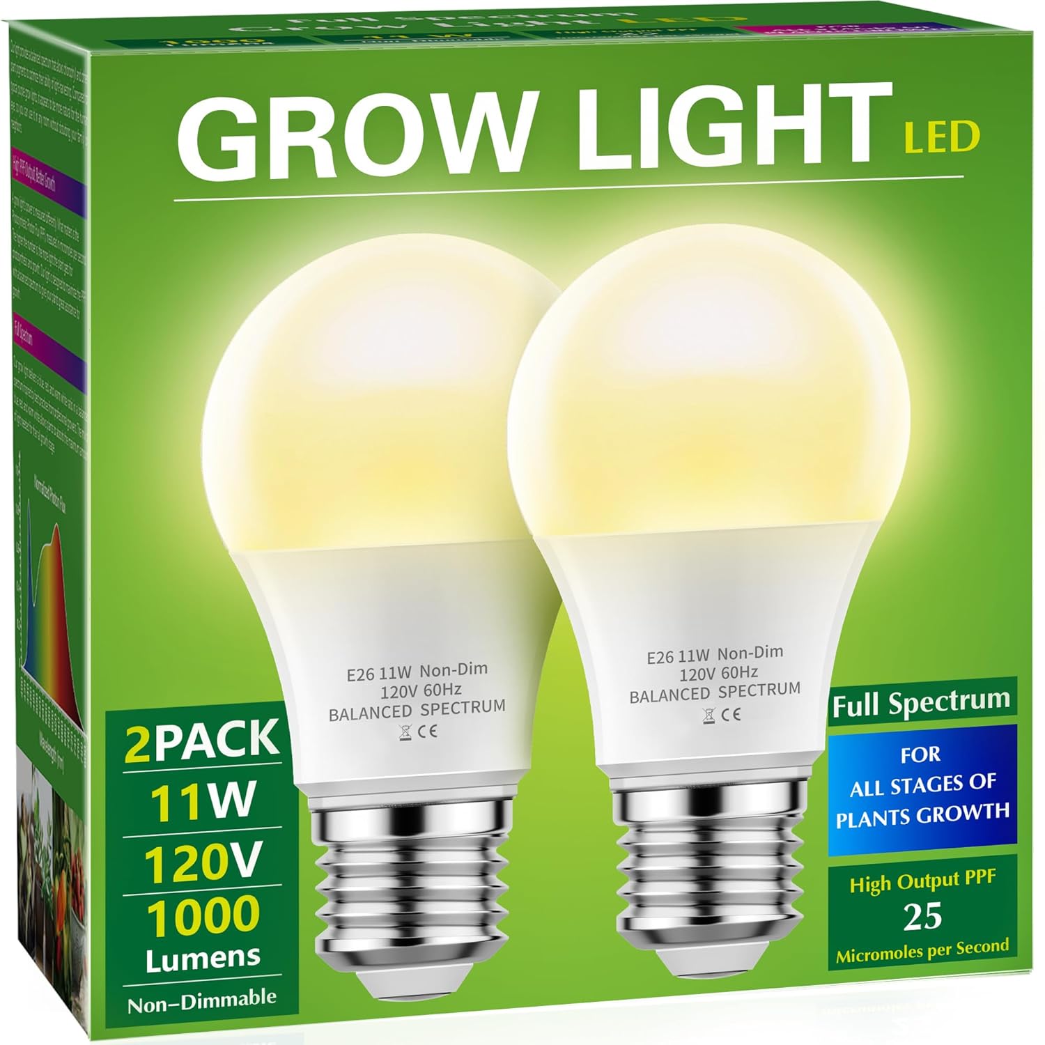 Briignite A19 LED Grow Light Bulbs, Full Spectrum E26 Base, 11W (100W Equivalent) Bulb for Indoor Plants