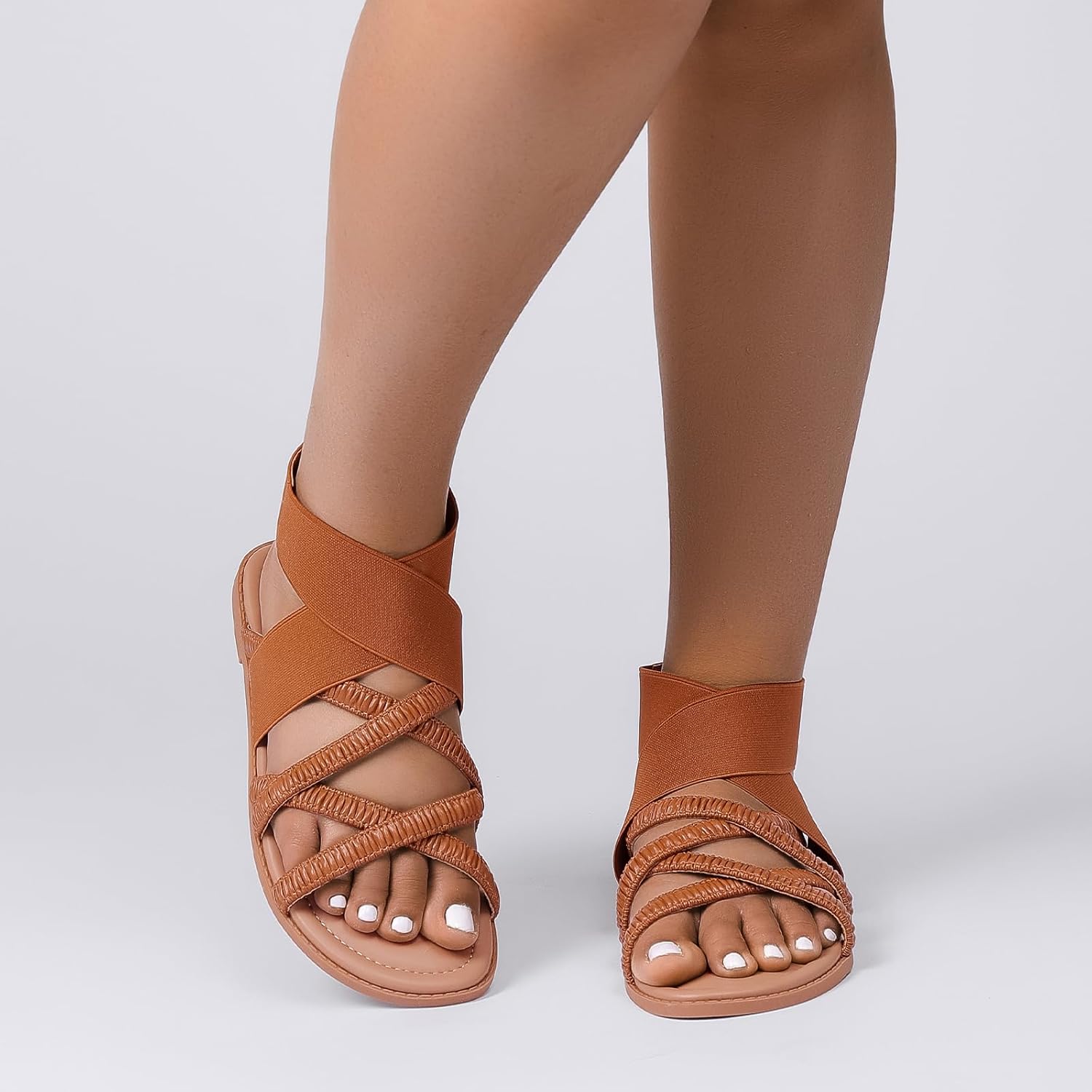 Luoika Women's Wide Width Flat Sandals, Elastic Band Ankle Strap Strappy Slide Sandals Slip on Dressy Summer Beach Shoes for Women. - Image 6