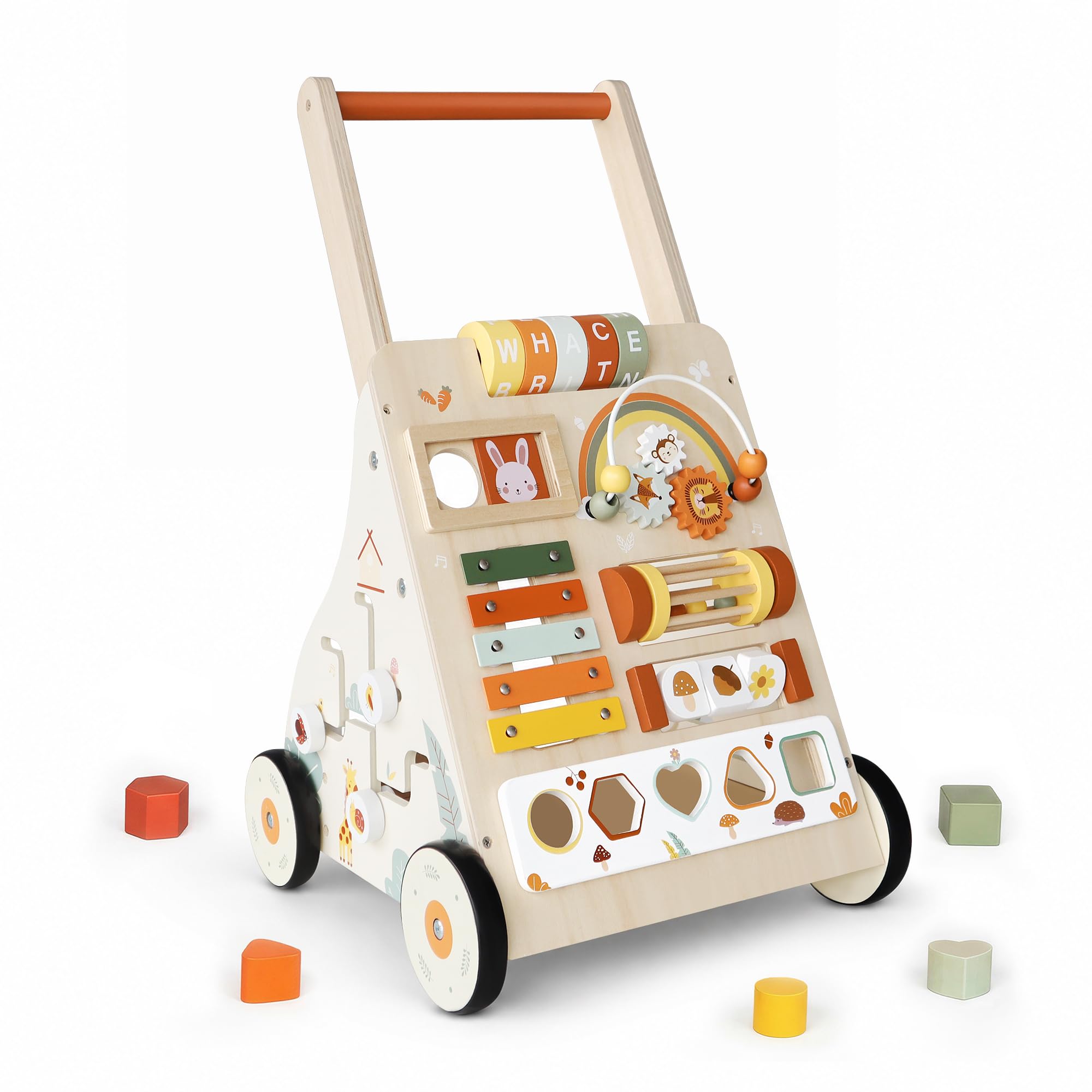 Baby Walker aus Holz mit Rädern, Baby Push Walker Activity Center für Babys ab 18 Monaten, Montessori Walking Spielzeug zum Laufen lernen, Kleinkind 1. Geburtstag Geschenk